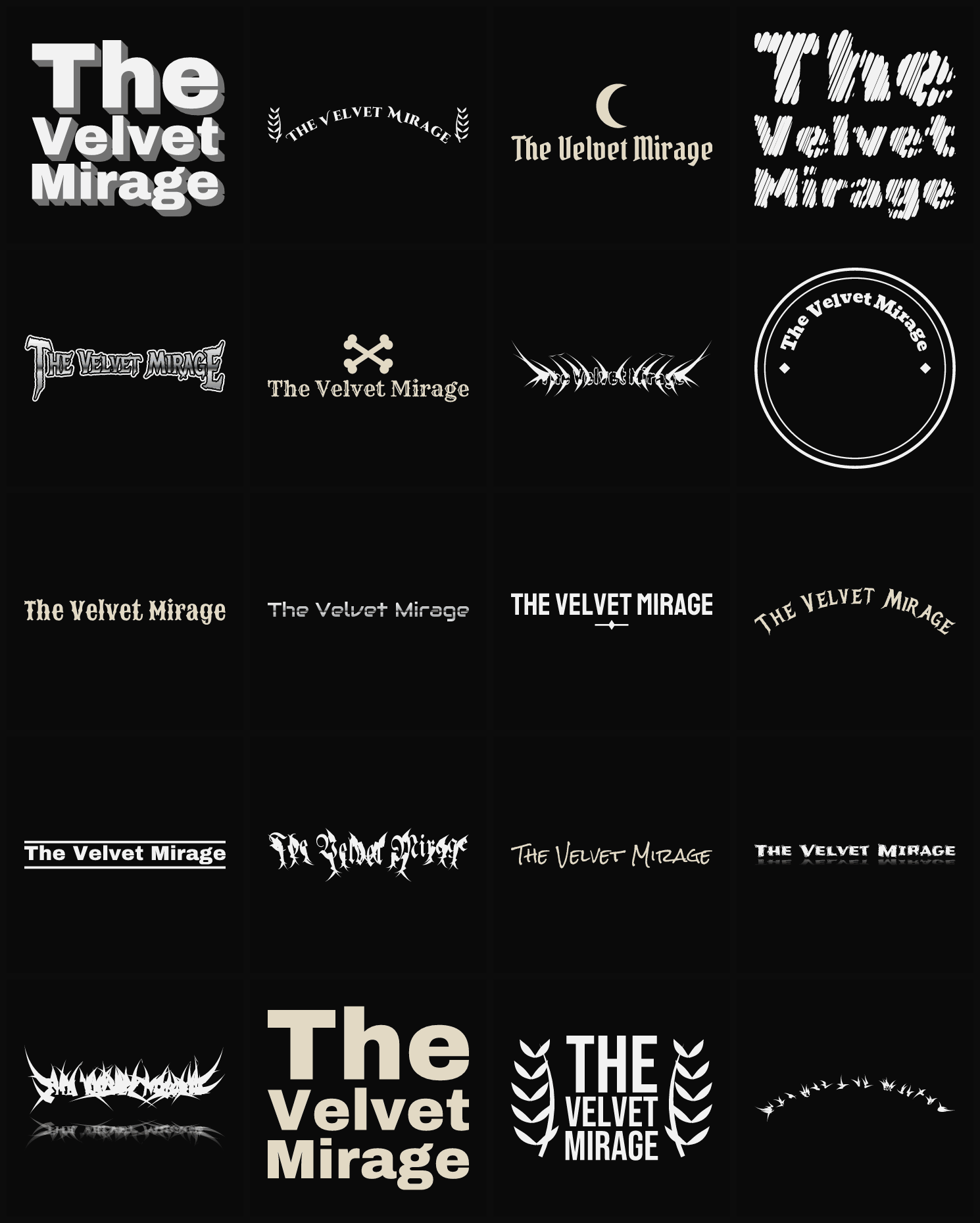 Twenty The Velvet Mirage band logo ideas — different faces, treatments and spike settings