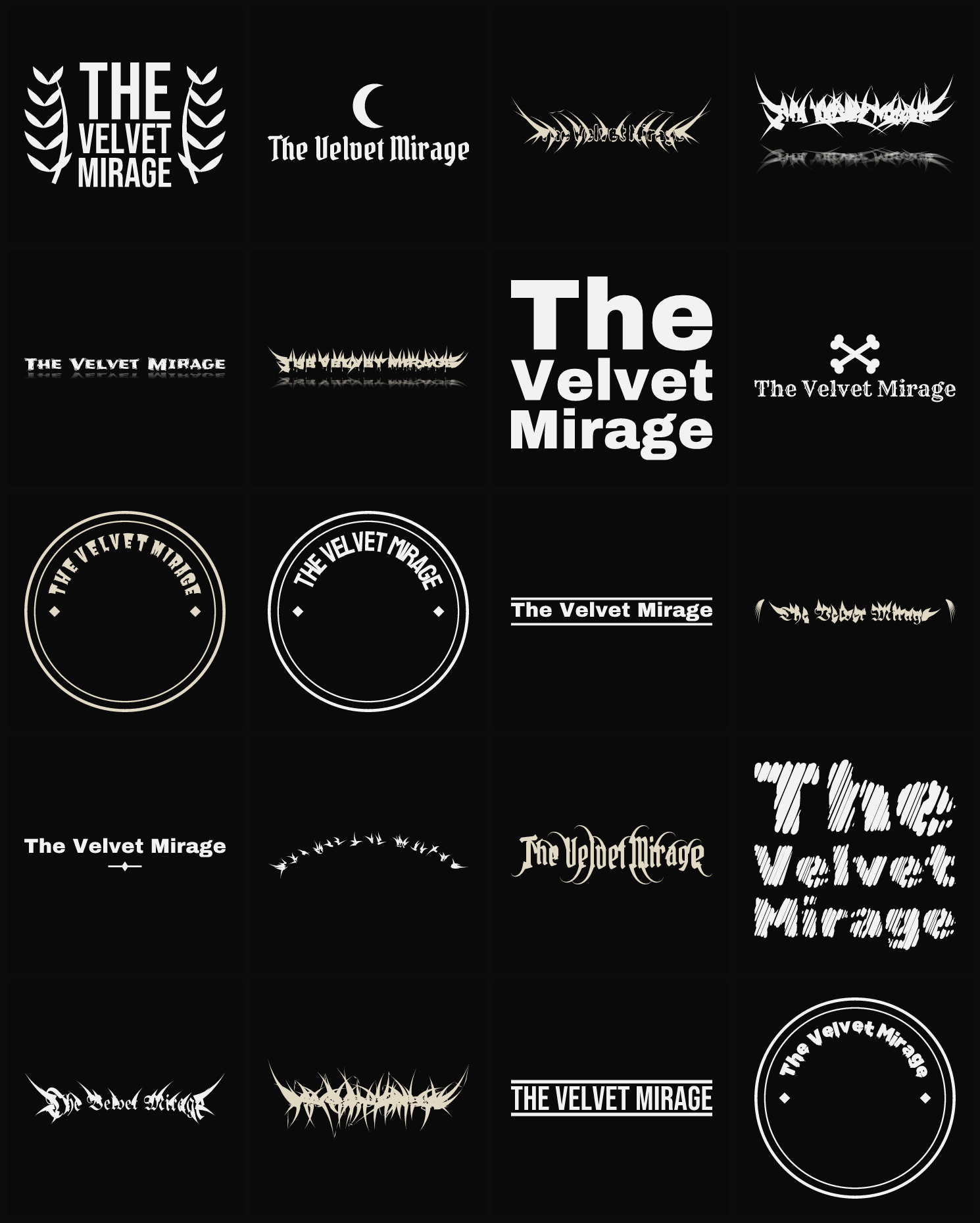 Twenty The Velvet Mirage band logo ideas — different faces, treatments and spike settings