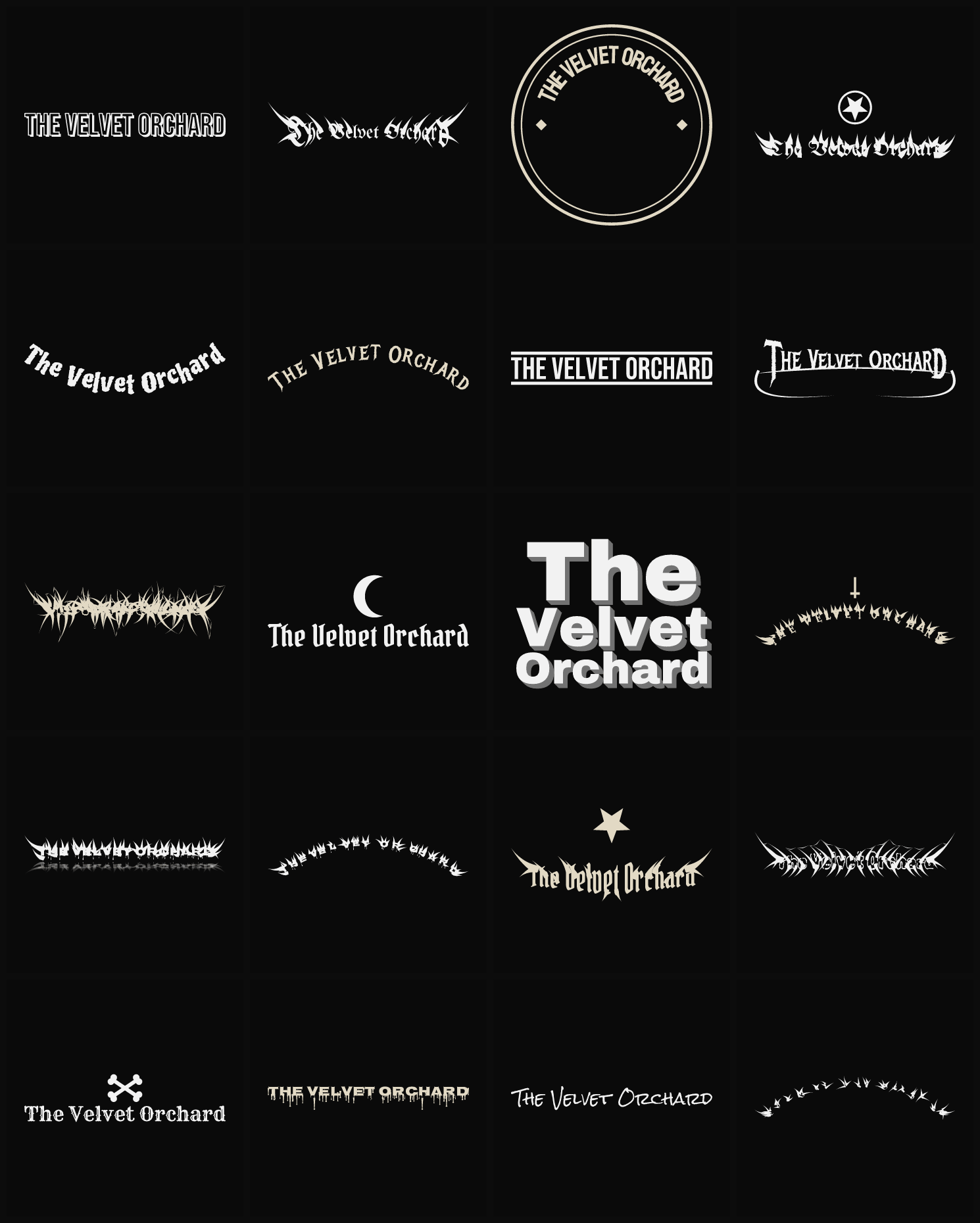 Twenty The Velvet Orchard band logo ideas — different faces, treatments and spike settings