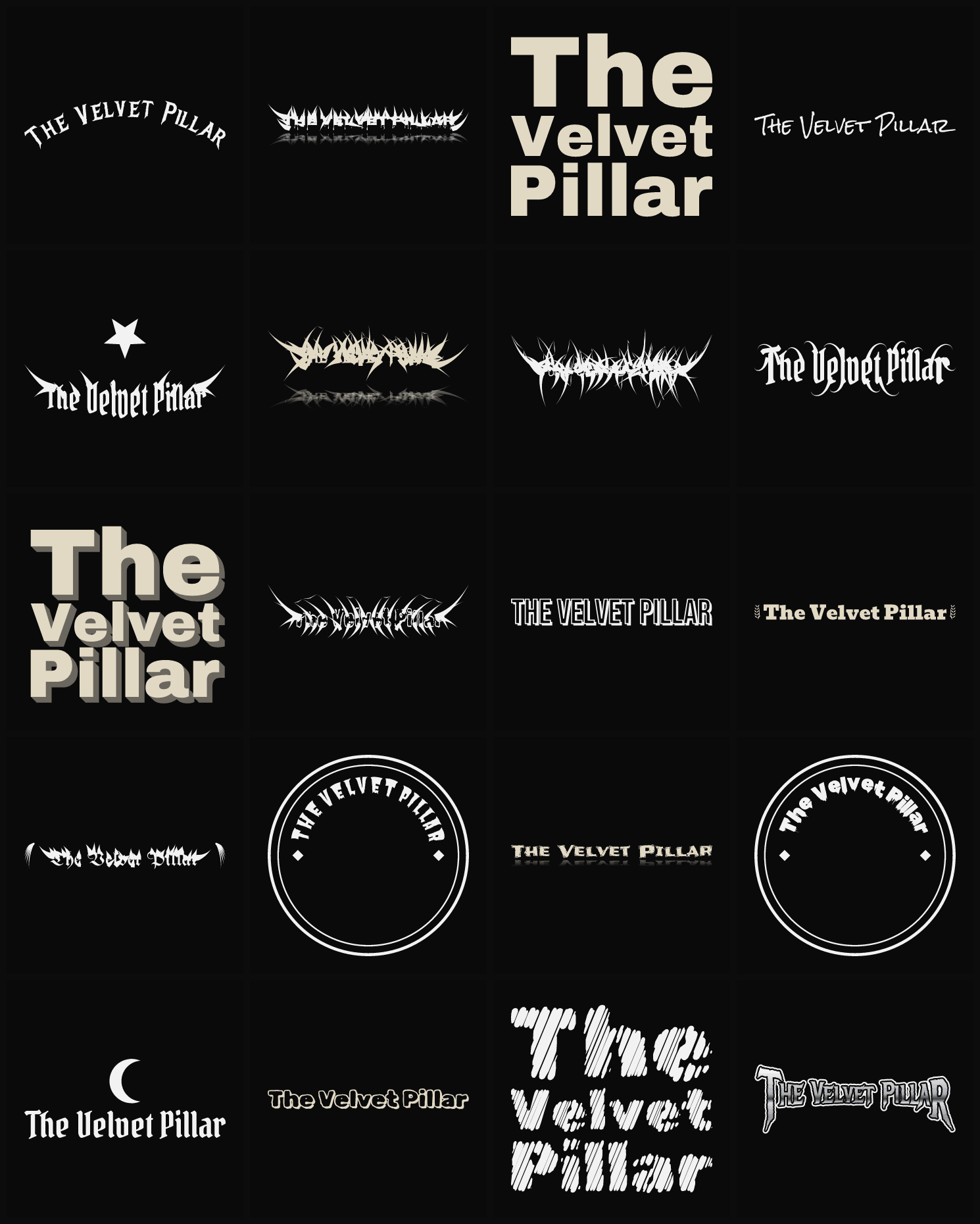 Twenty The Velvet Pillar band logo ideas — different faces, treatments and spike settings