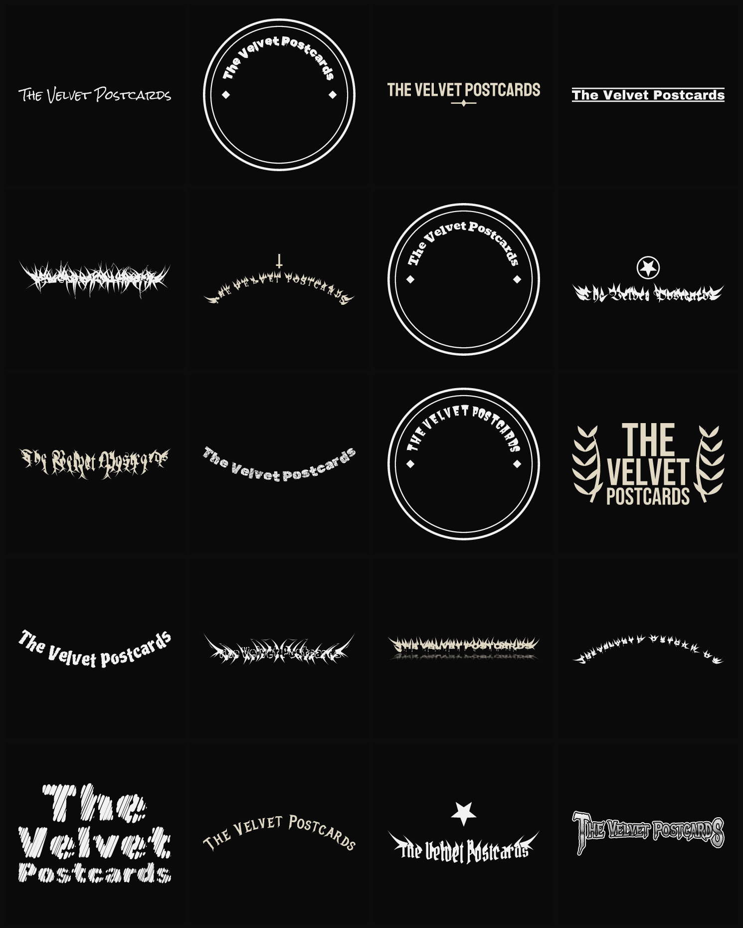 Twenty The Velvet Postcards band logo ideas — different faces, treatments and spike settings