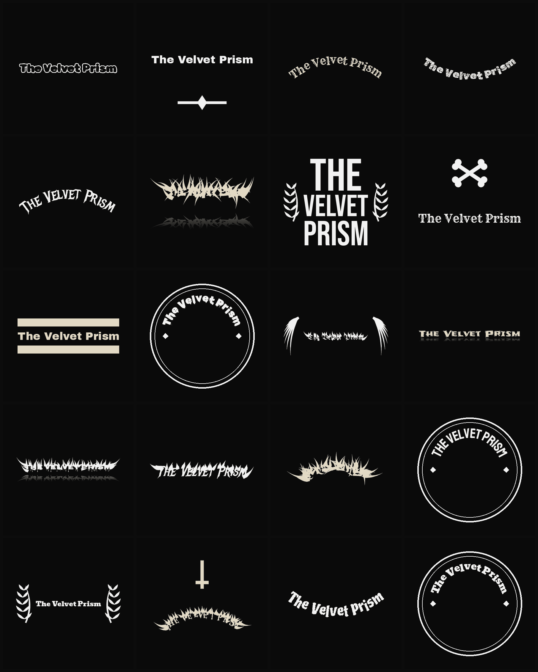 Twenty The Velvet Prism band logo ideas — different faces, treatments and spike settings
