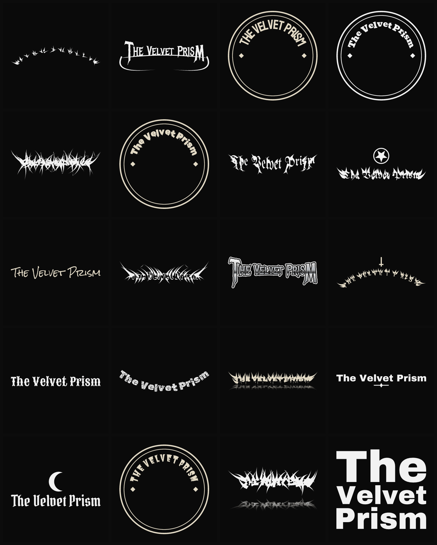 Twenty The Velvet Prism band logo ideas — different faces, treatments and spike settings