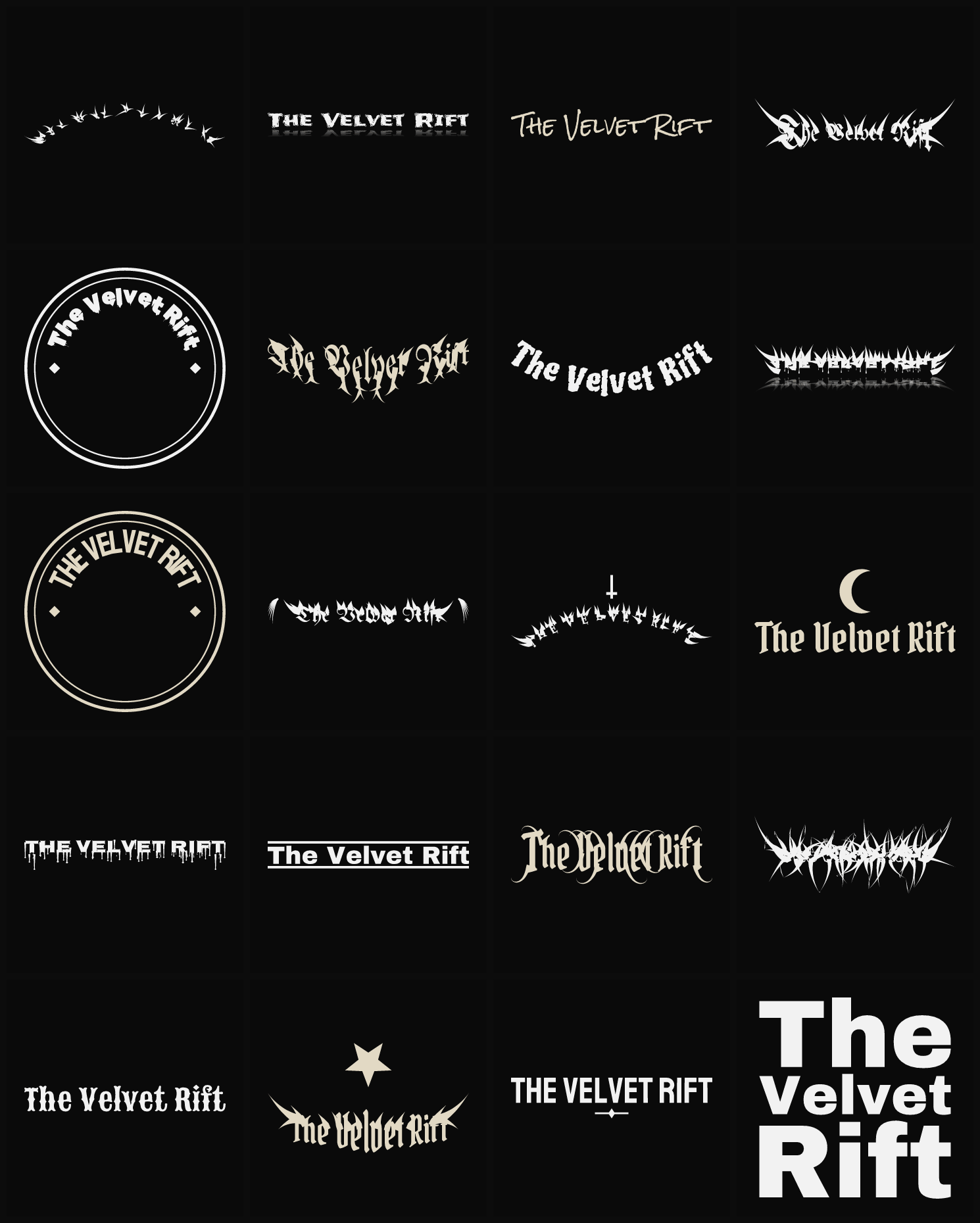 Twenty The Velvet Rift band logo ideas — different faces, treatments and spike settings