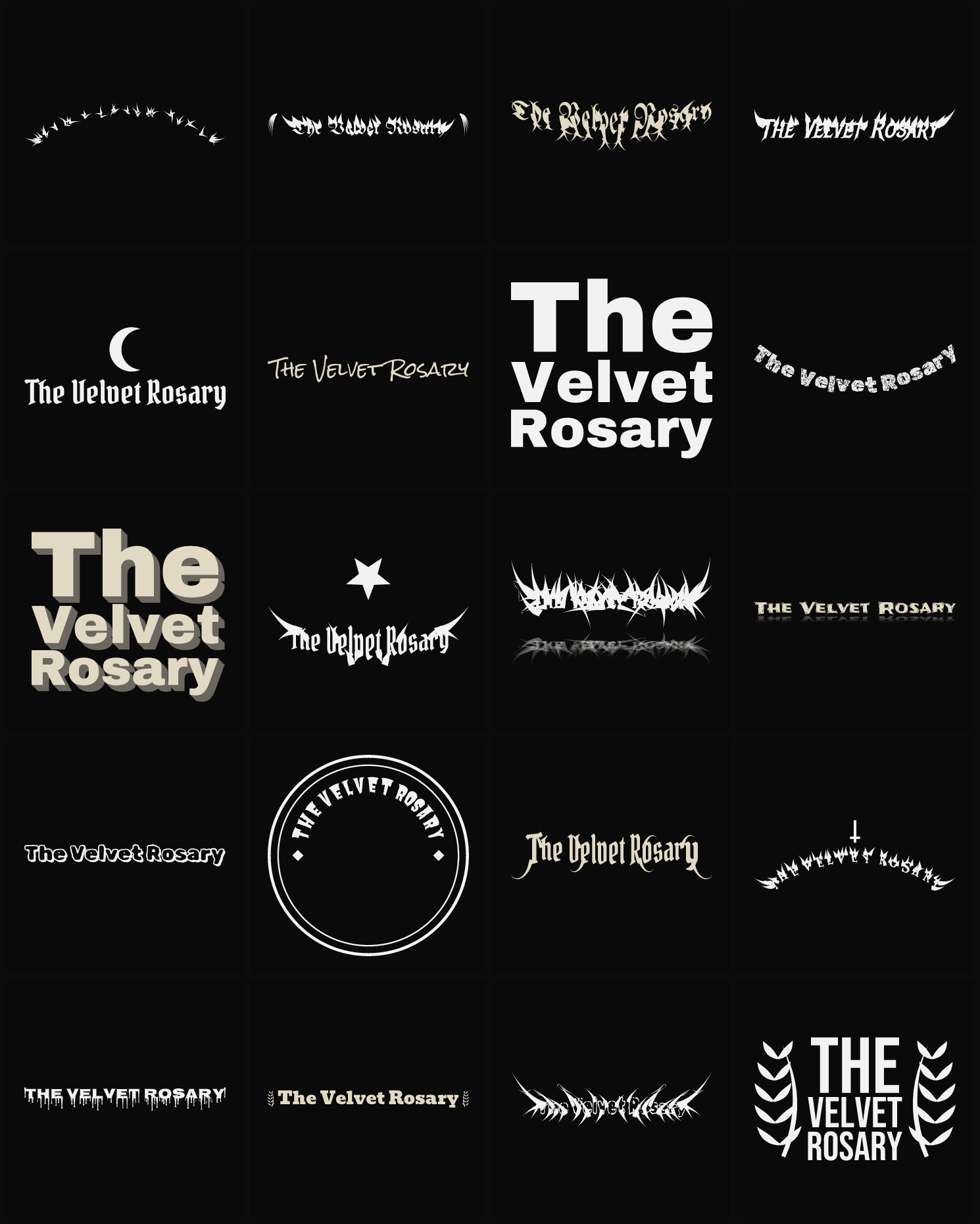 Twenty The Velvet Rosary band logo ideas — different faces, treatments and spike settings
