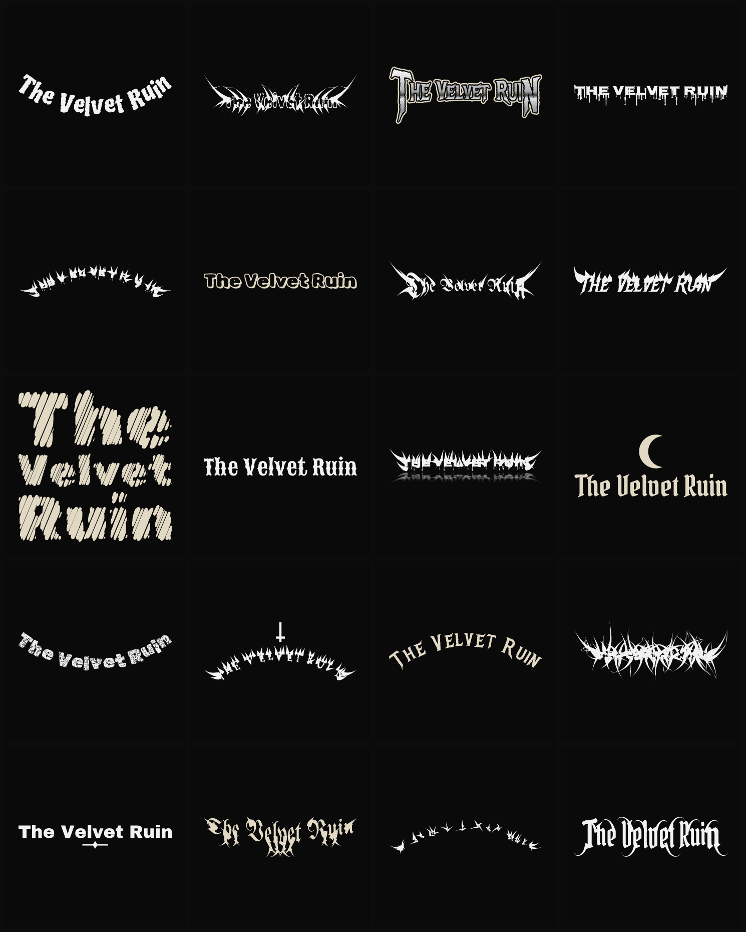 Twenty The Velvet Ruin band logo ideas — different faces, treatments and spike settings