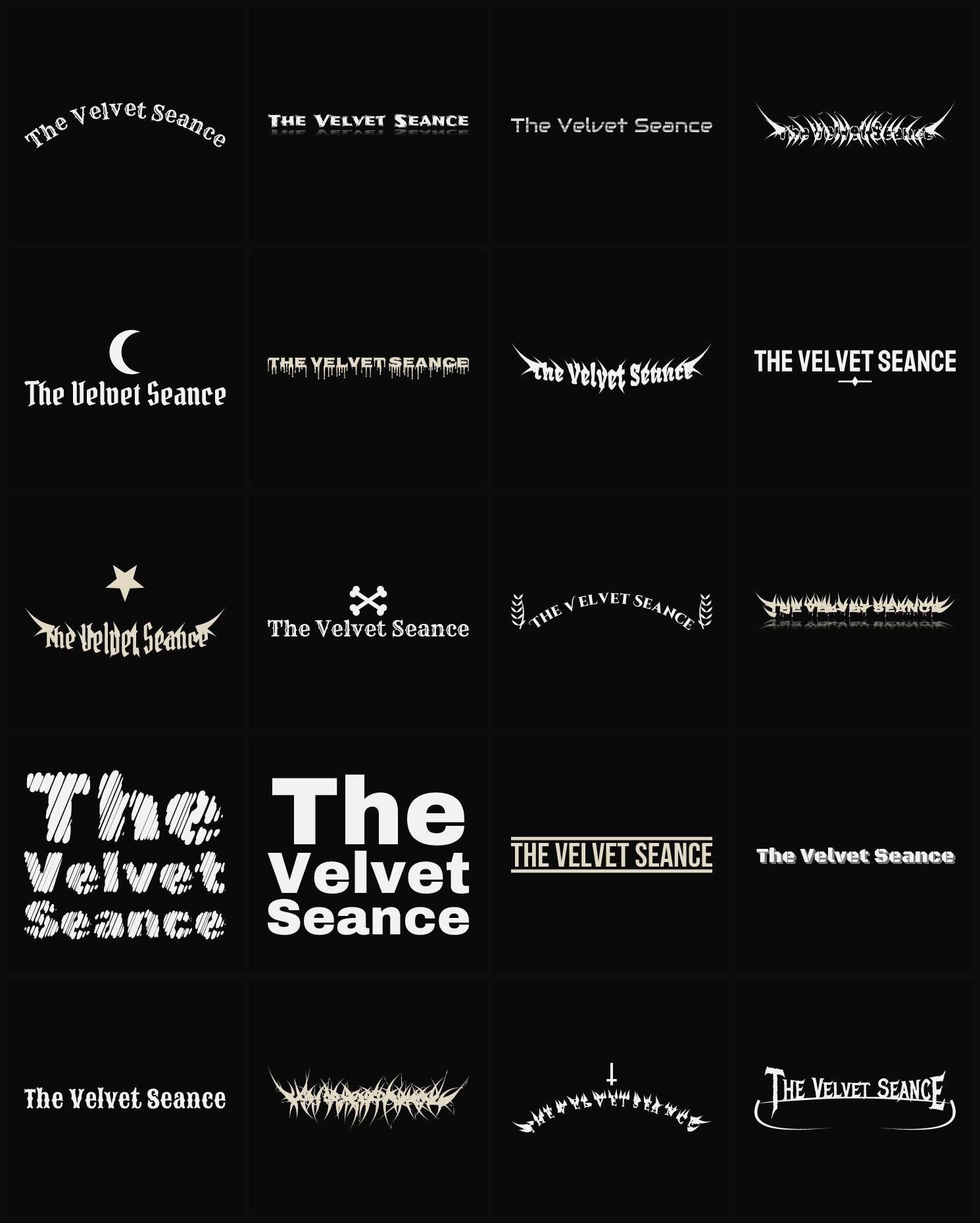 Twenty The Velvet Seance band logo ideas — different faces, treatments and spike settings