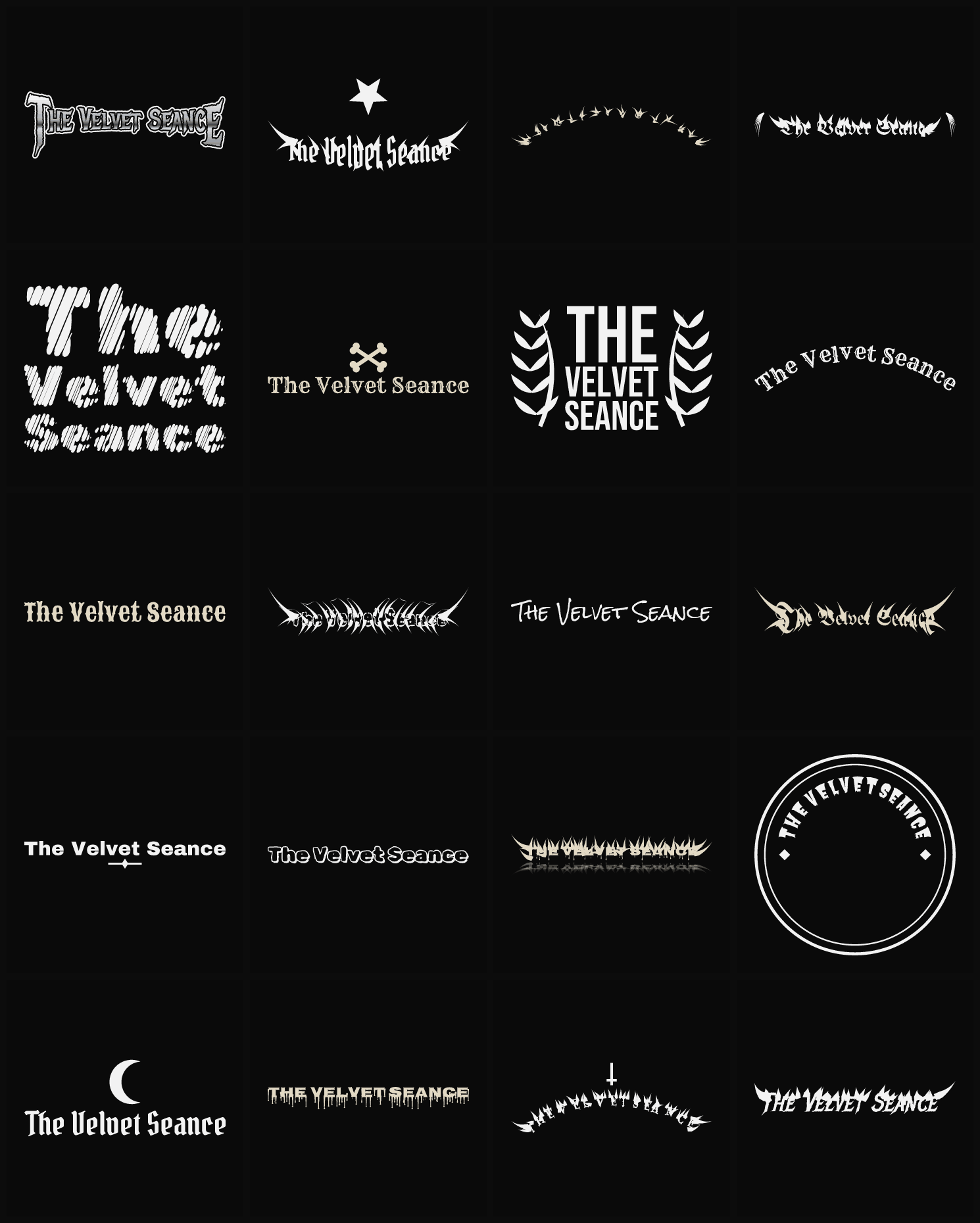 Twenty The Velvet Seance band logo ideas — different faces, treatments and spike settings