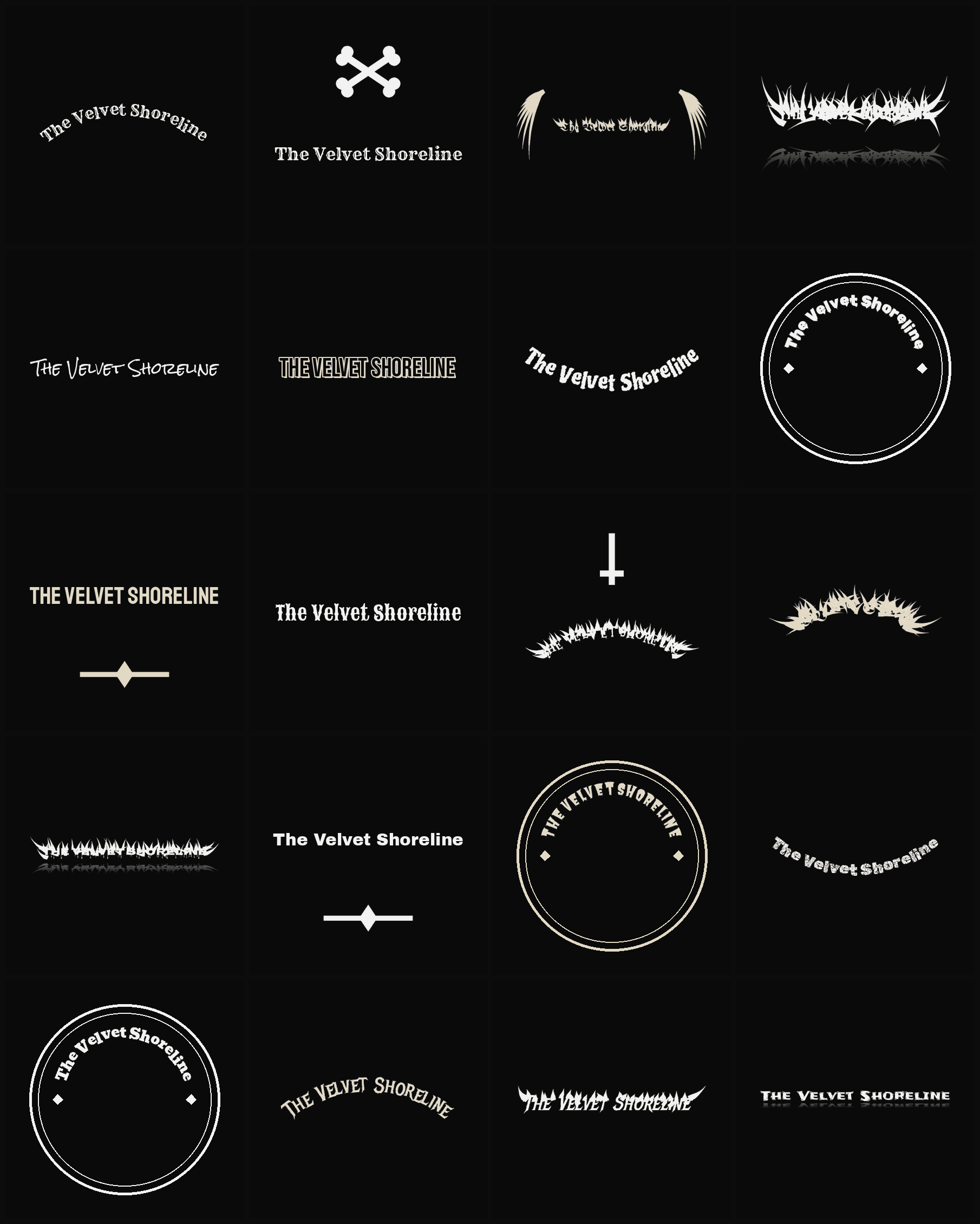 Twenty The Velvet Shoreline band logo ideas — different faces, treatments and spike settings