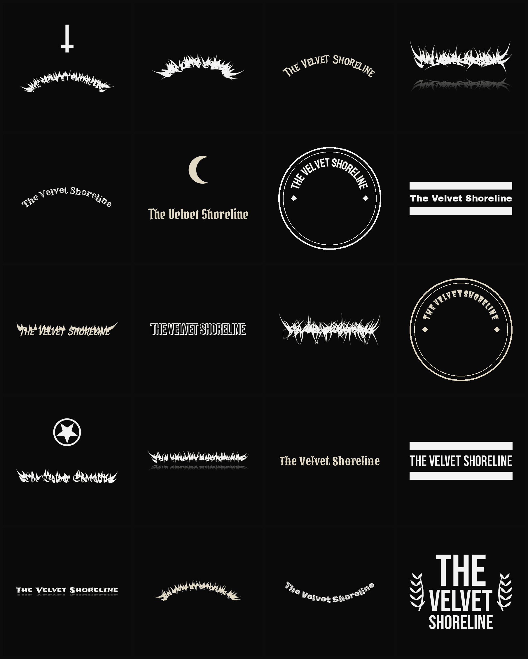 Twenty The Velvet Shoreline band logo ideas — different faces, treatments and spike settings