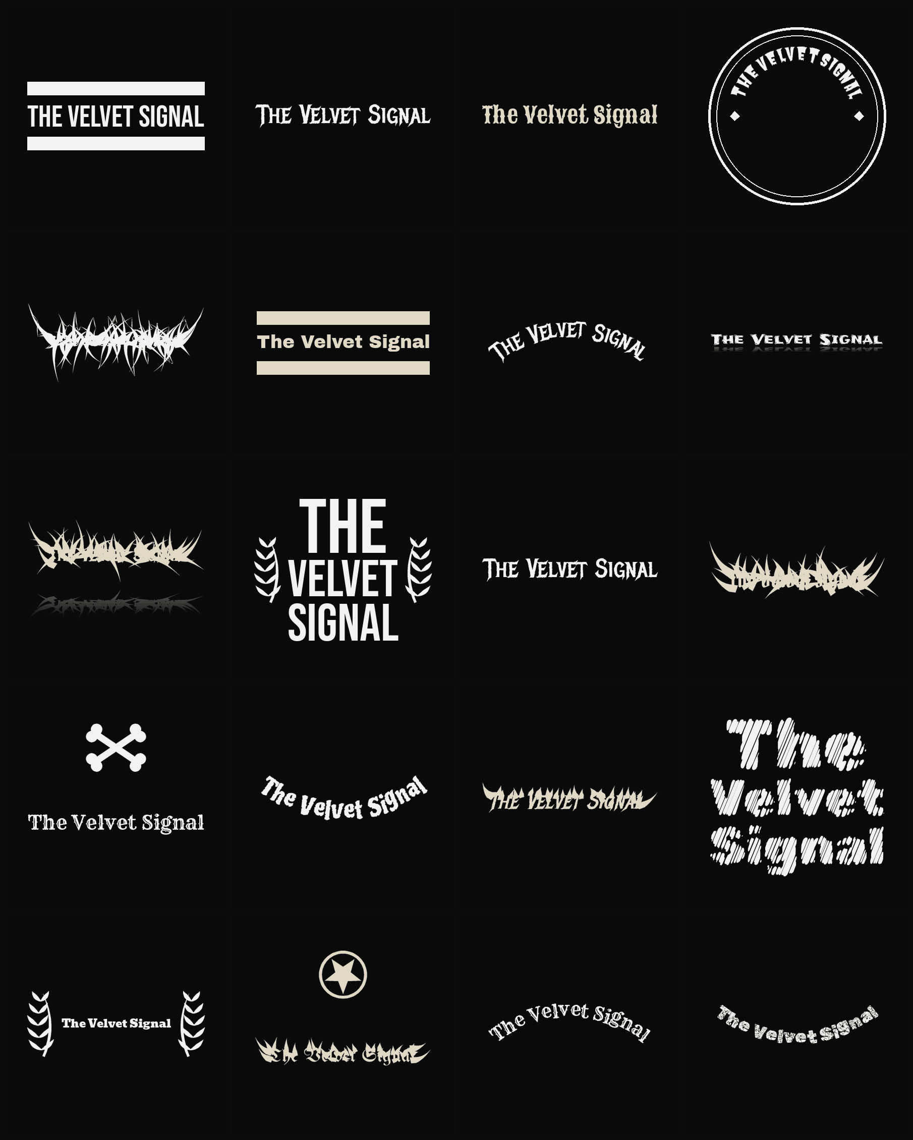 Twenty The Velvet Signal band logo ideas — different faces, treatments and spike settings