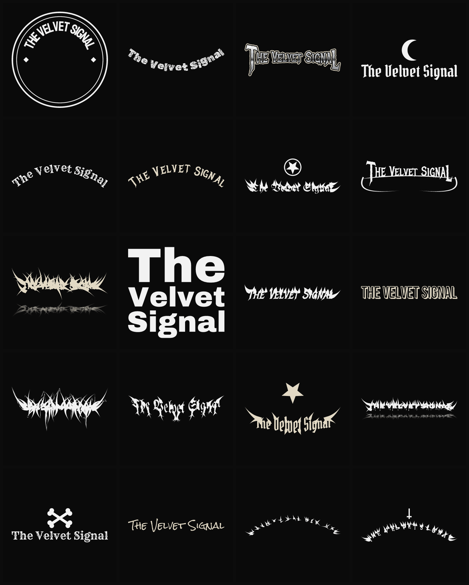 Twenty The Velvet Signal band logo ideas — different faces, treatments and spike settings