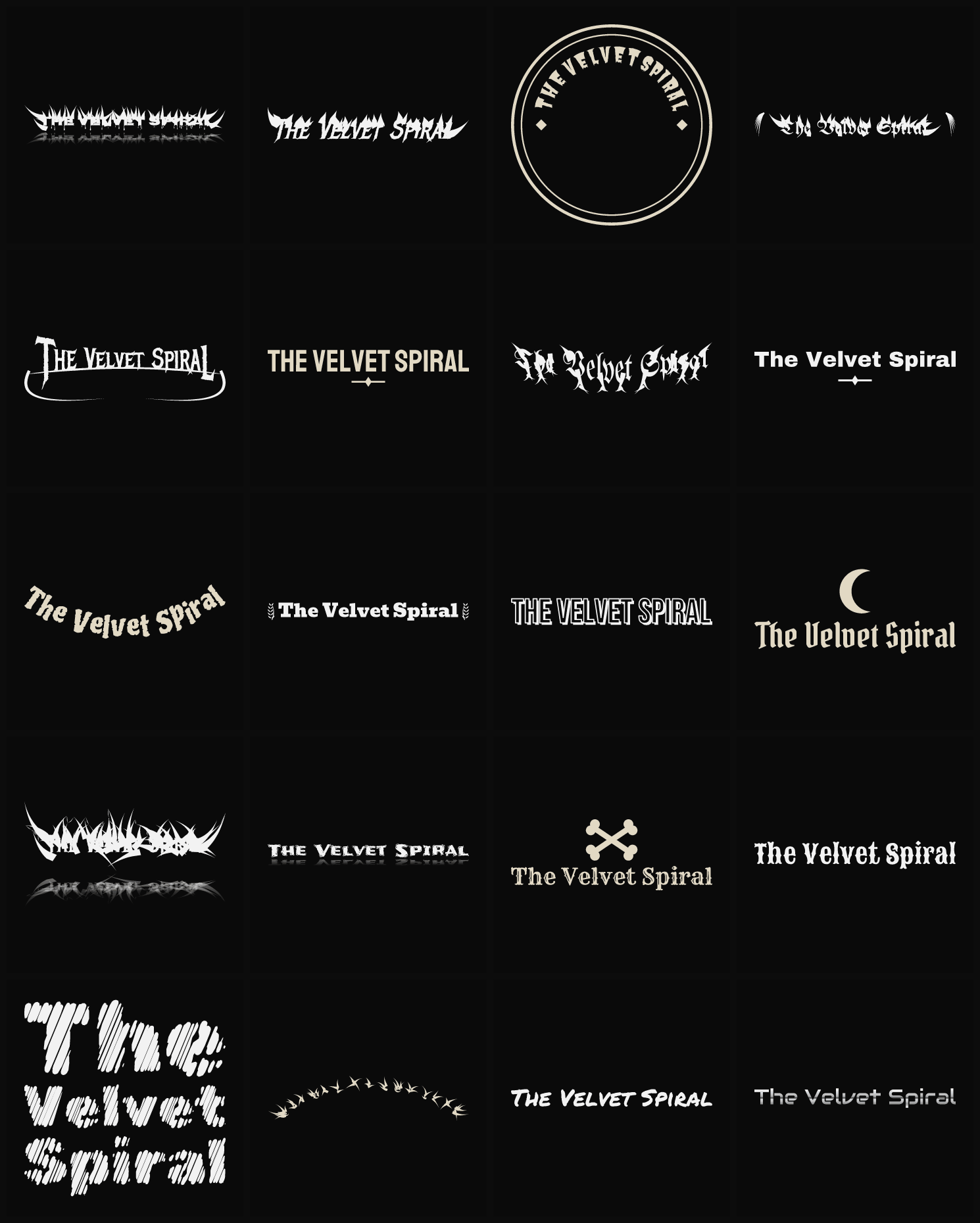 Twenty The Velvet Spiral band logo ideas — different faces, treatments and spike settings