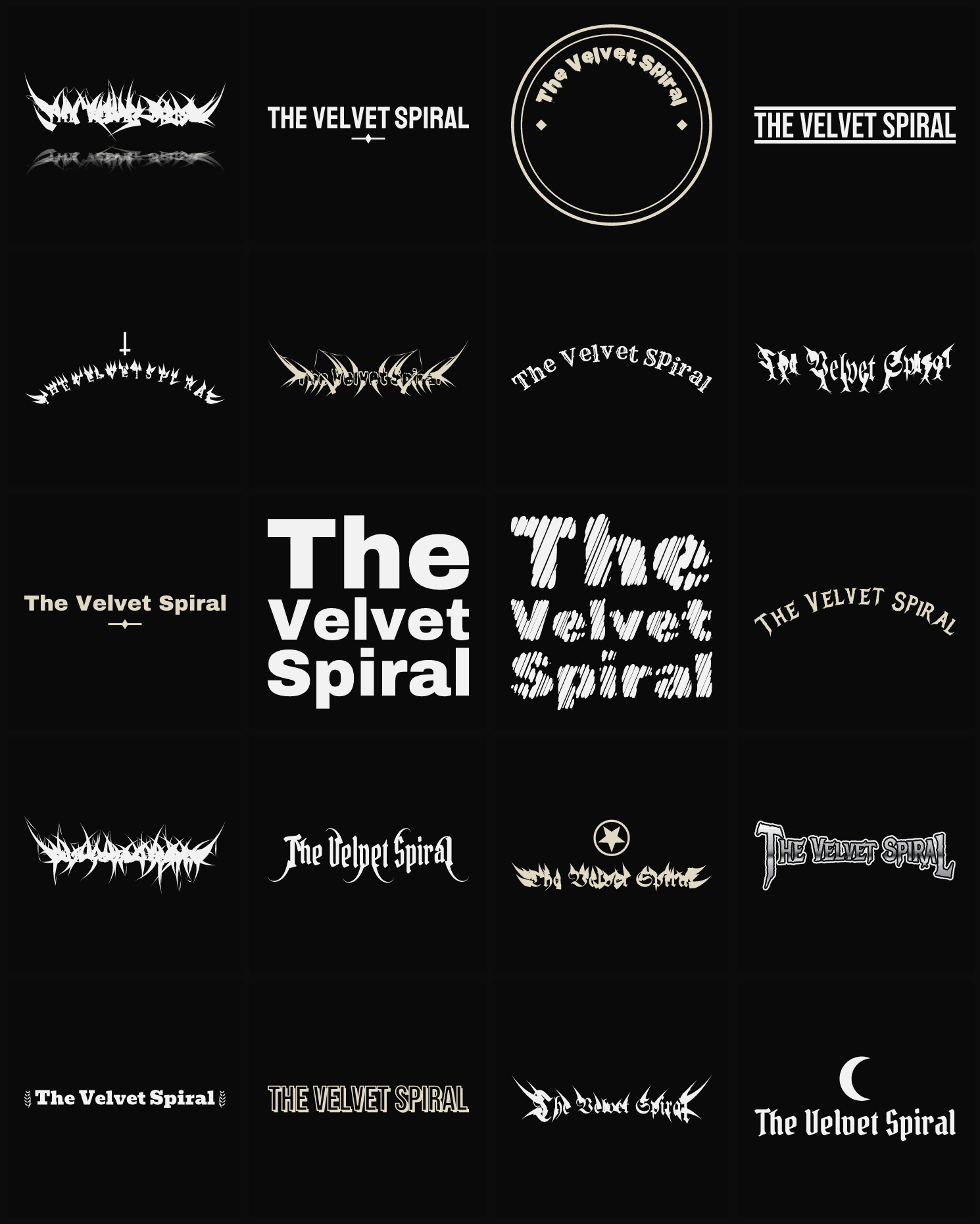 Twenty The Velvet Spiral band logo ideas — different faces, treatments and spike settings