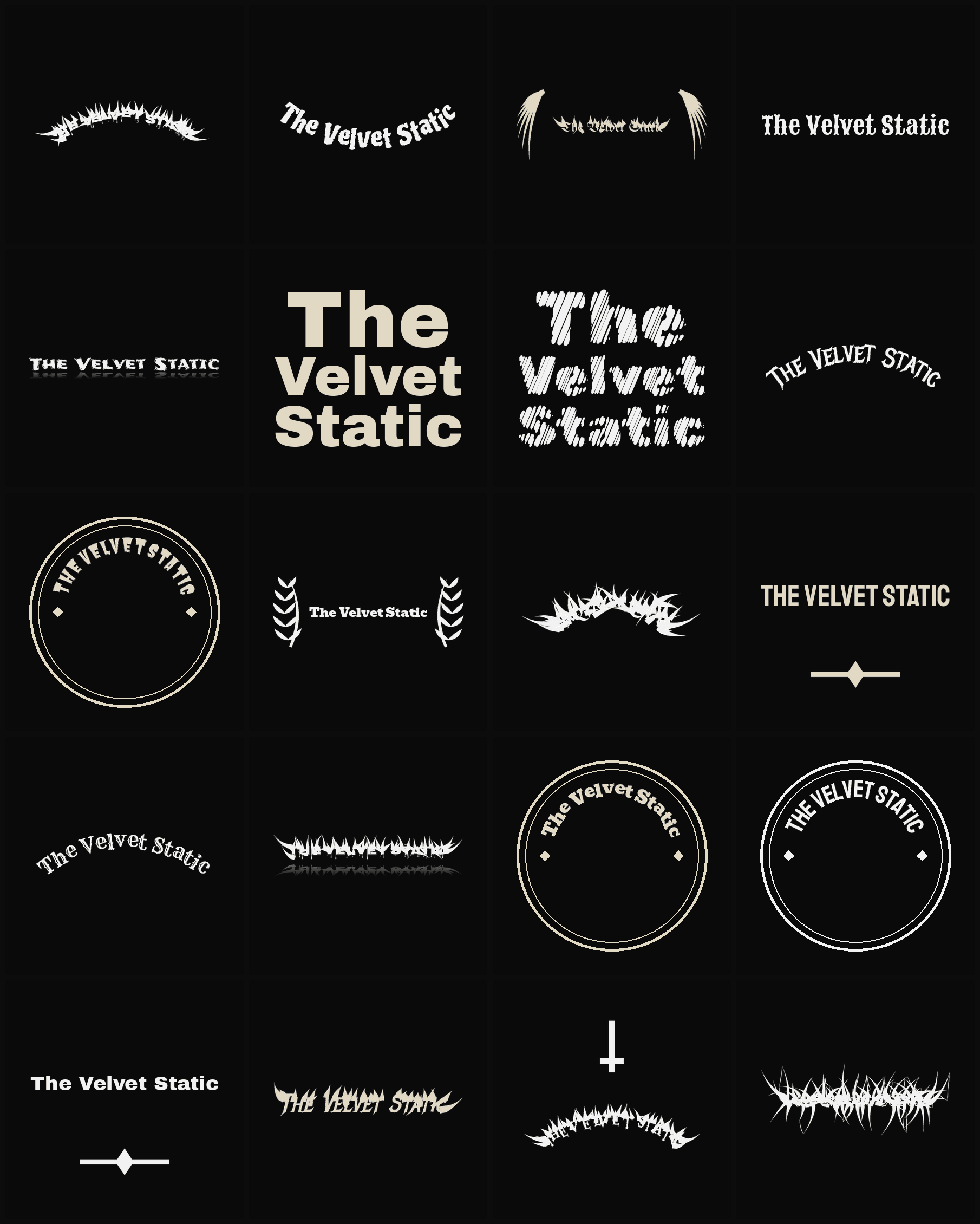 Twenty The Velvet Static band logo ideas — different faces, treatments and spike settings