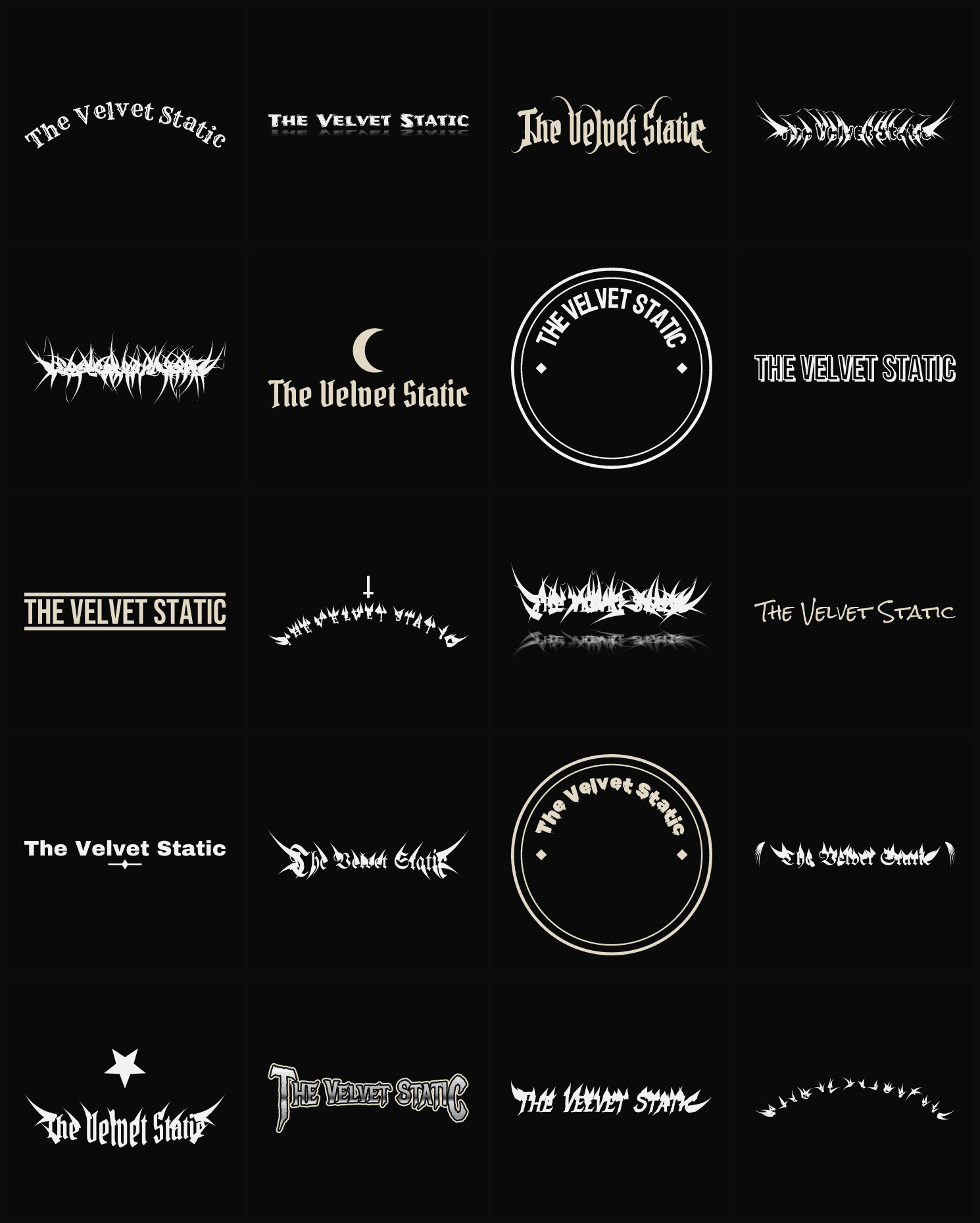 Twenty The Velvet Static band logo ideas — different faces, treatments and spike settings