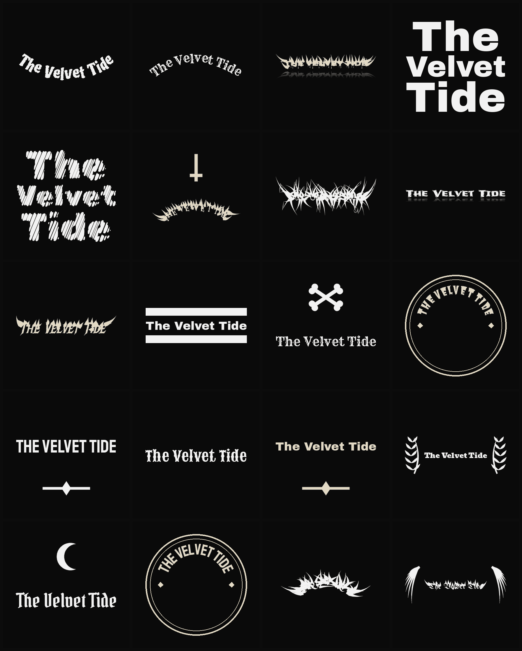 Twenty The Velvet Tide band logo ideas — different faces, treatments and spike settings