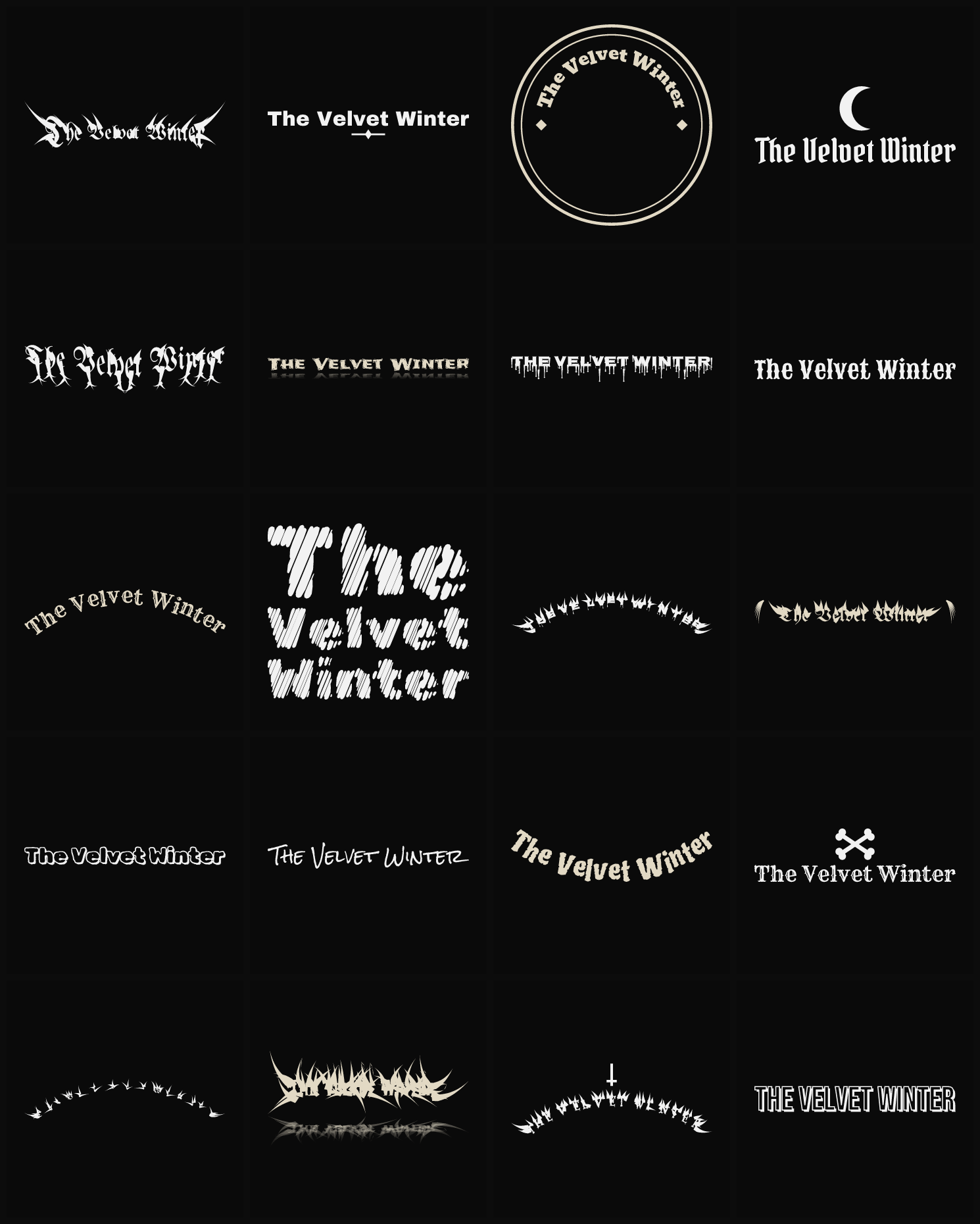 Twenty The Velvet Winter band logo ideas — different faces, treatments and spike settings