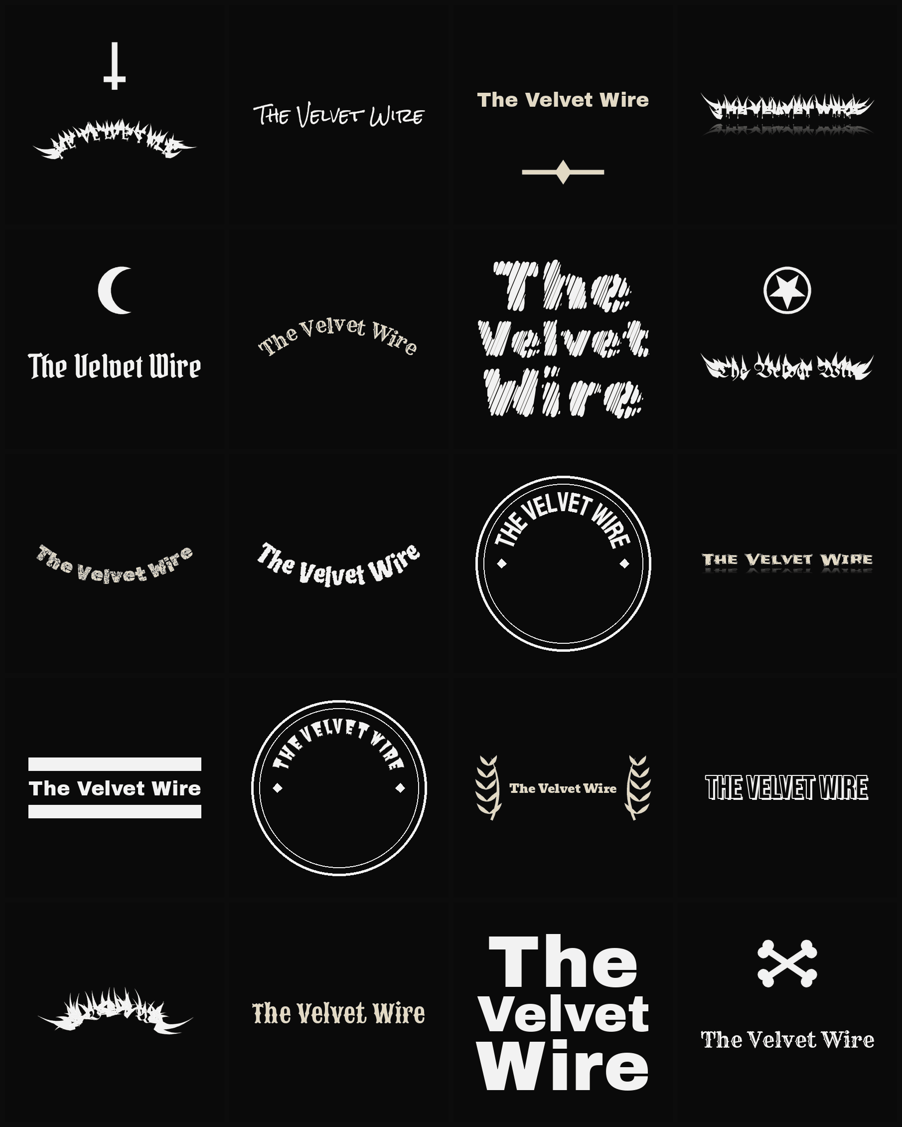 Twenty The Velvet Wire band logo ideas — different faces, treatments and spike settings