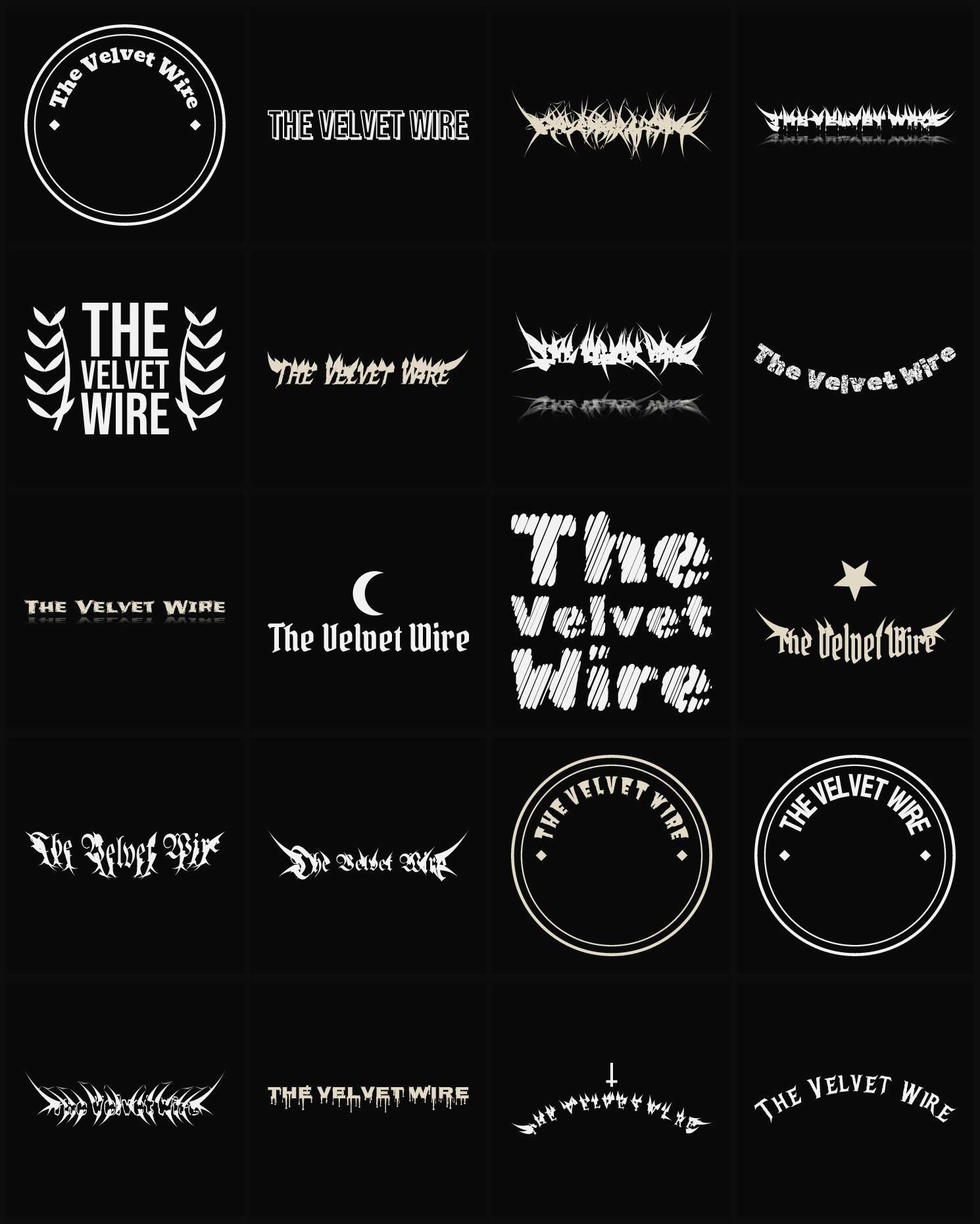 Twenty The Velvet Wire band logo ideas — different faces, treatments and spike settings