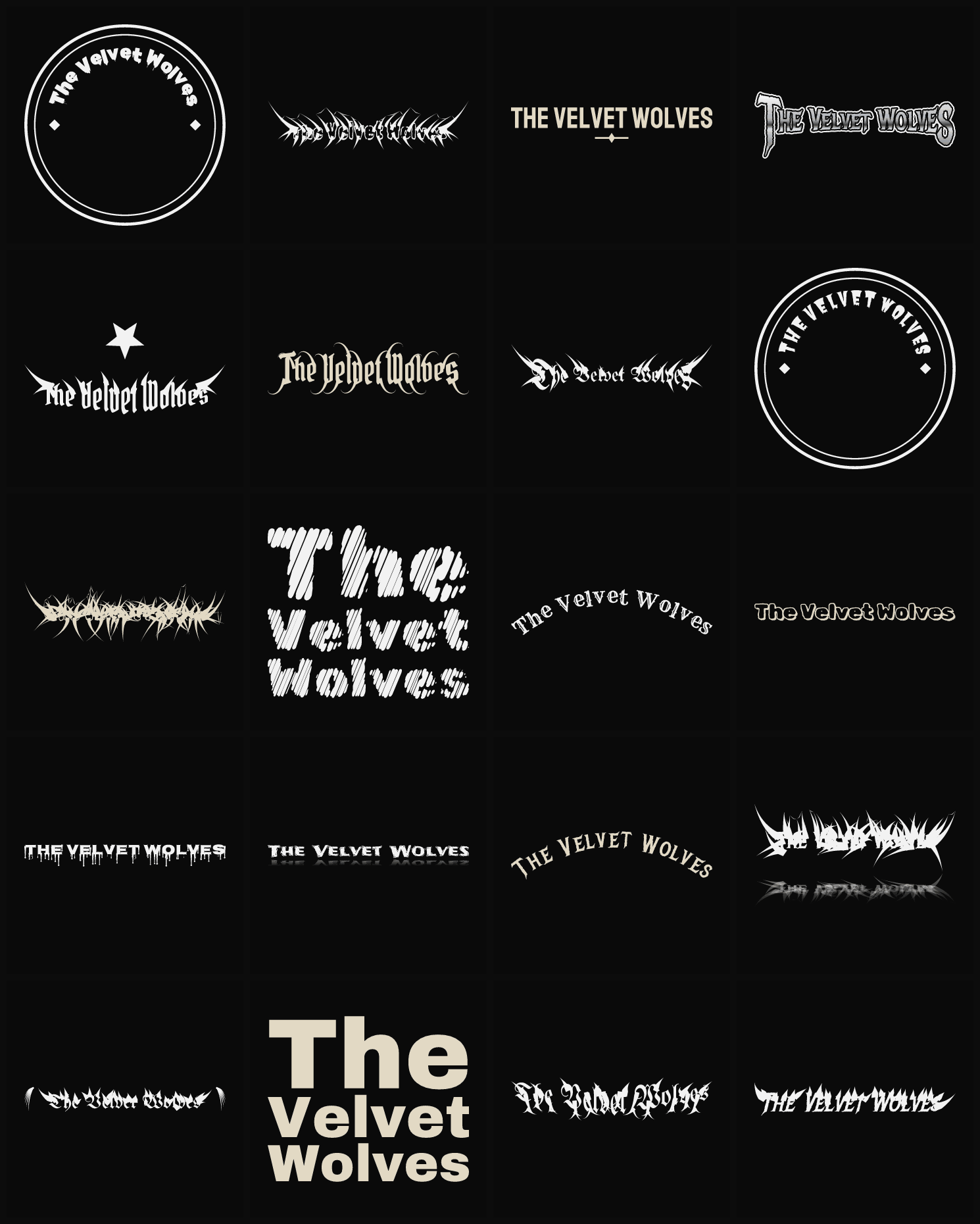 Twenty The Velvet Wolves band logo ideas — different faces, treatments and spike settings