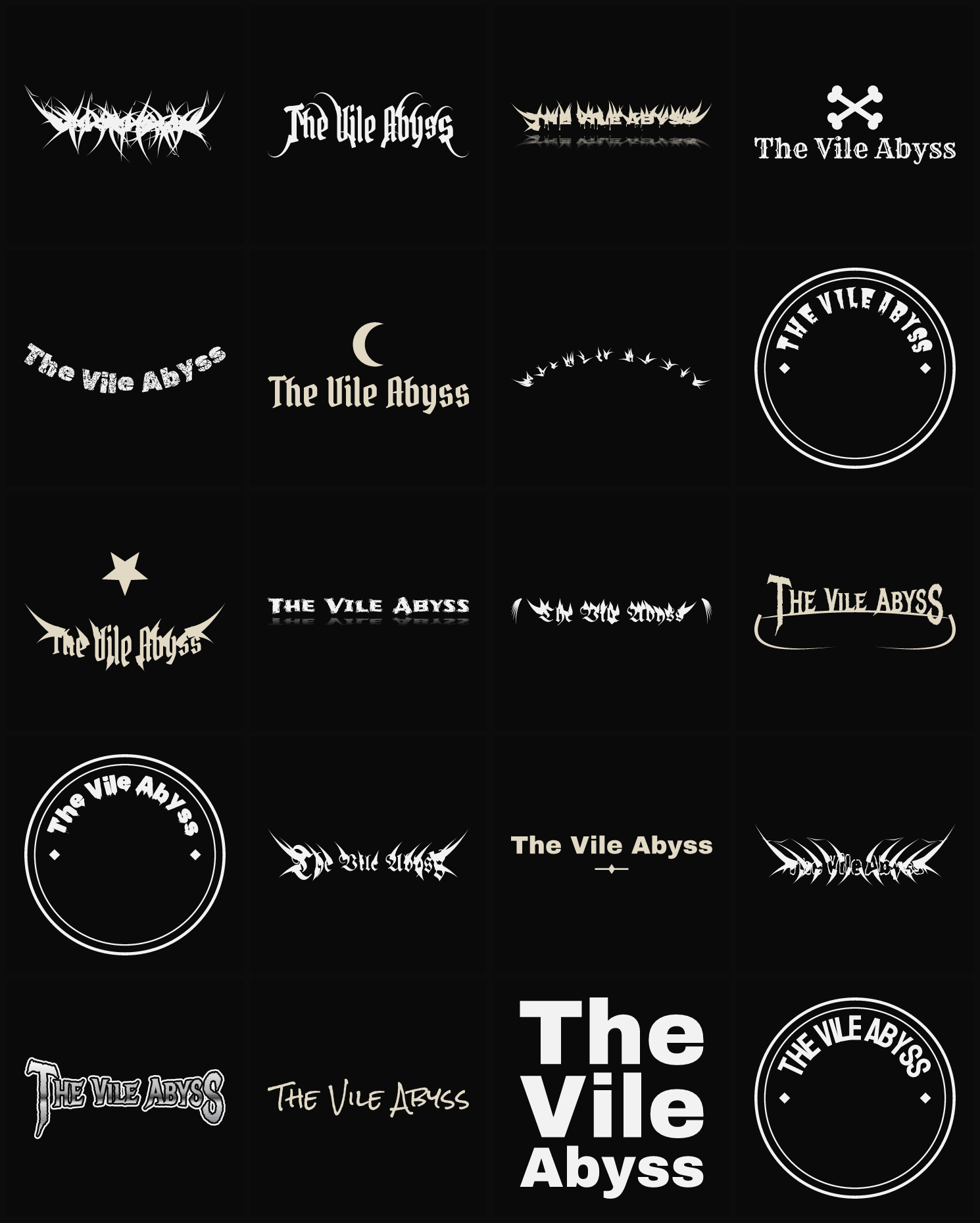 Twenty The Vile Abyss band logo ideas — different faces, treatments and spike settings