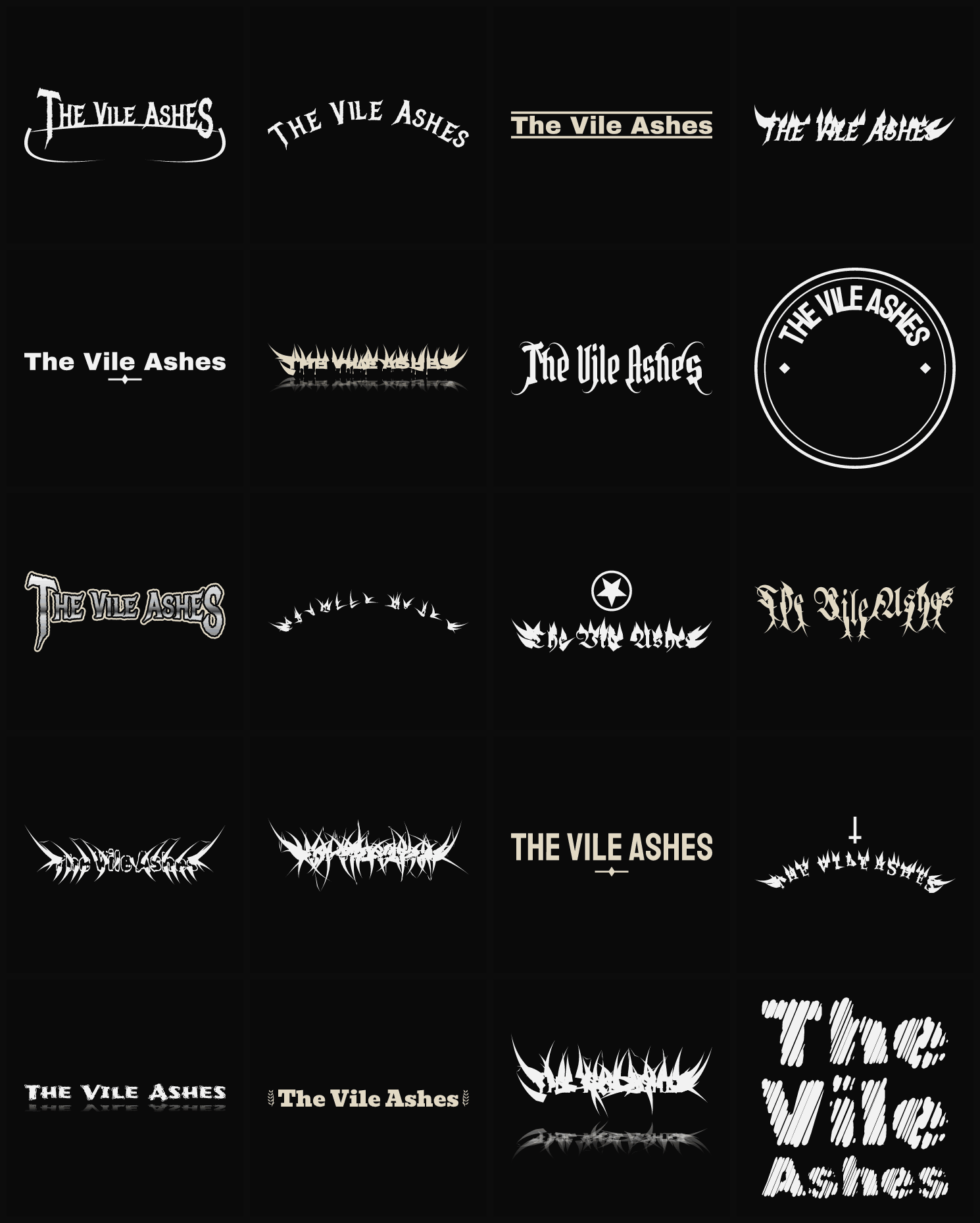 Twenty The Vile Ashes band logo ideas — different faces, treatments and spike settings