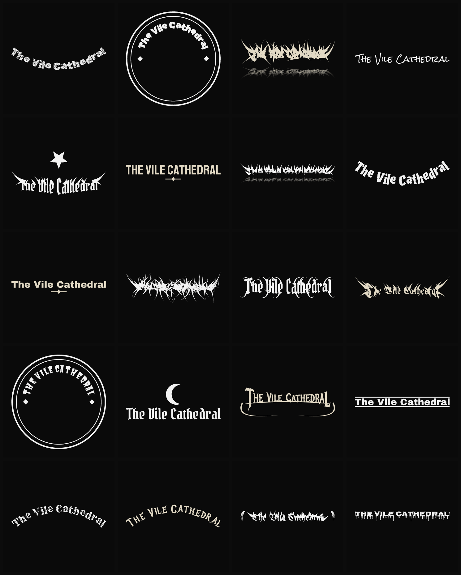 Twenty The Vile Cathedral band logo ideas — different faces, treatments and spike settings