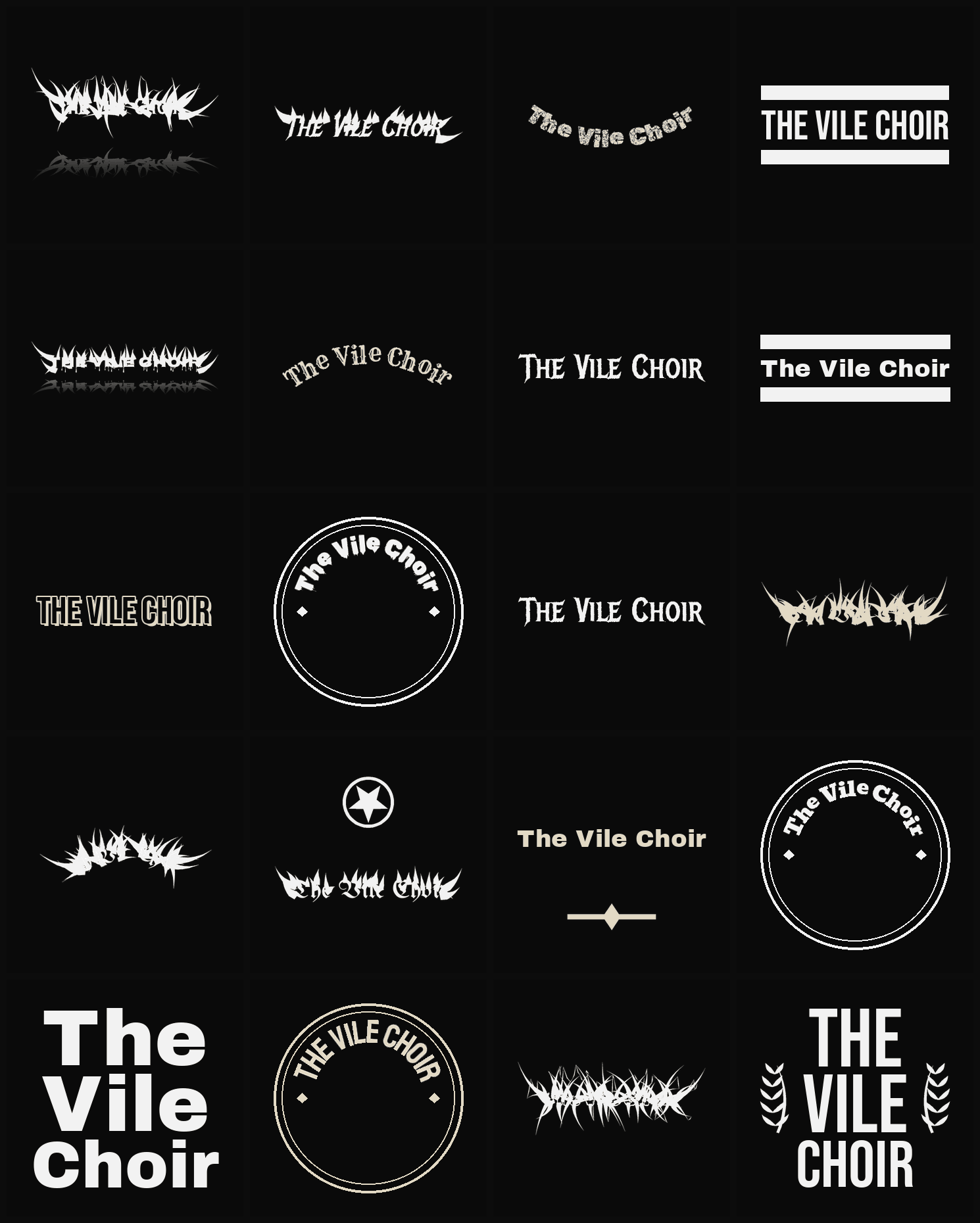 Twenty The Vile Choir band logo ideas — different faces, treatments and spike settings