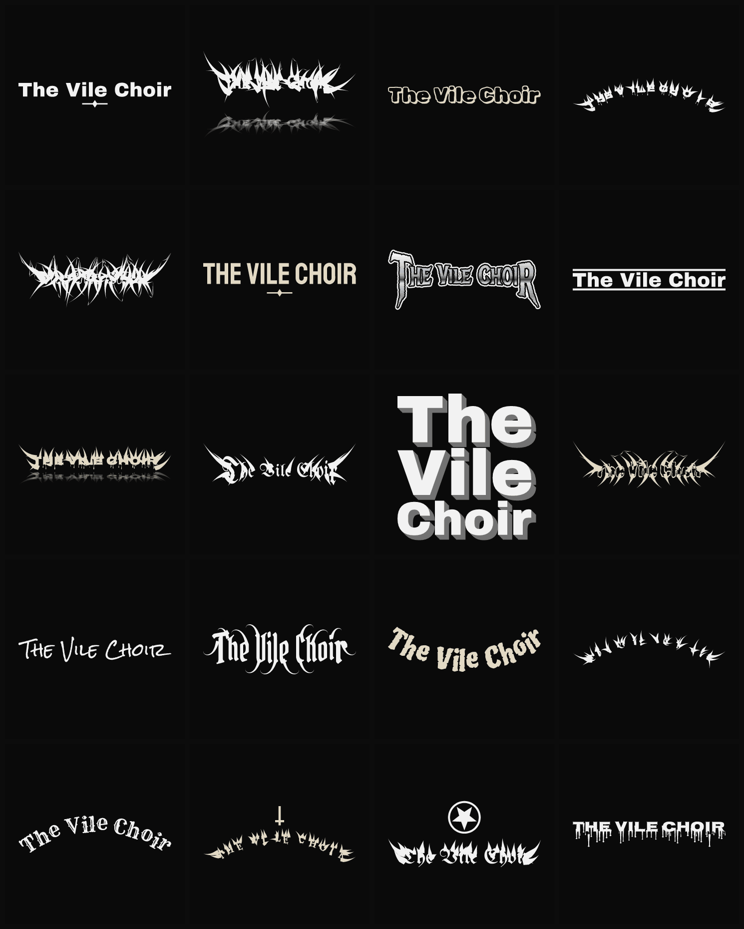 Twenty The Vile Choir band logo ideas — different faces, treatments and spike settings