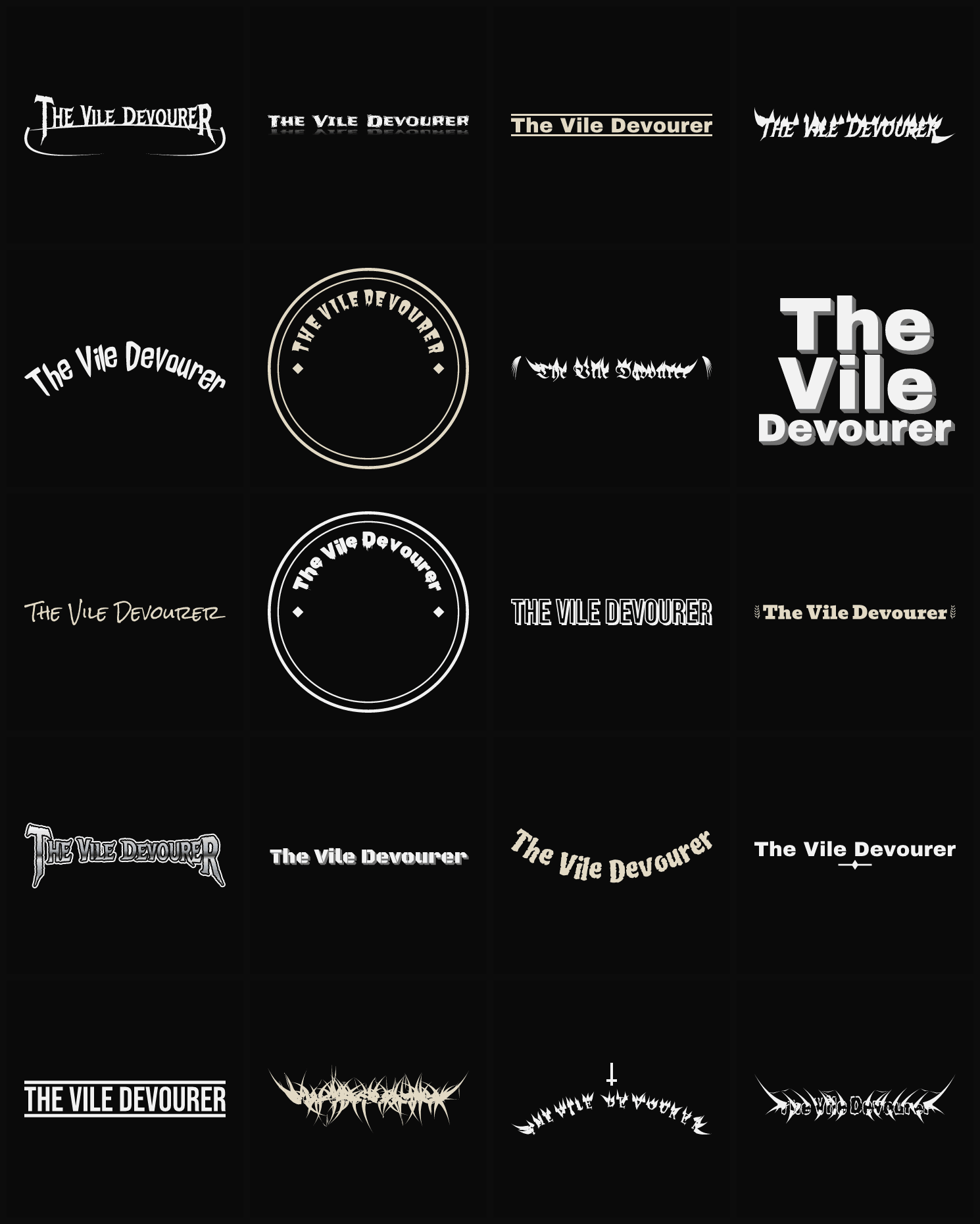 Twenty The Vile Devourer band logo ideas — different faces, treatments and spike settings