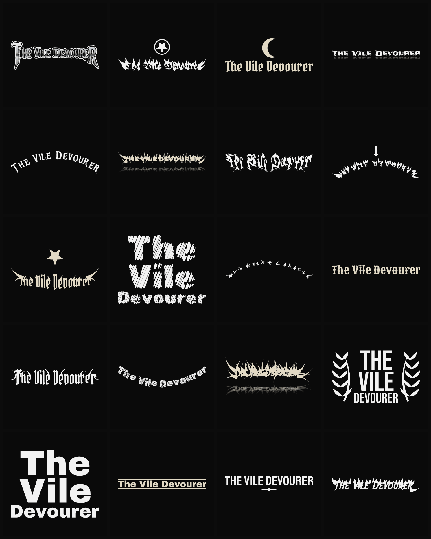 Twenty The Vile Devourer band logo ideas — different faces, treatments and spike settings