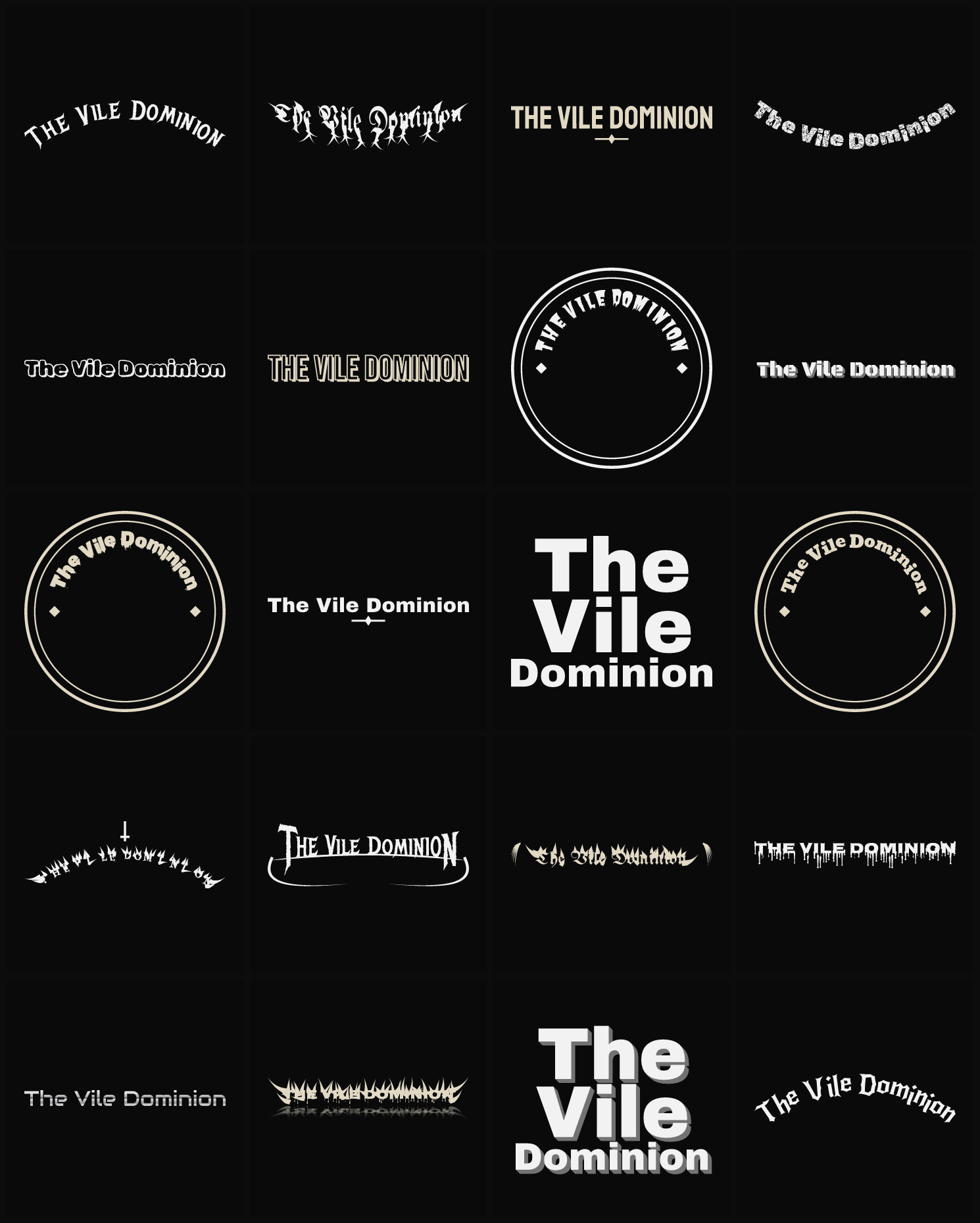 Twenty The Vile Dominion band logo ideas — different faces, treatments and spike settings