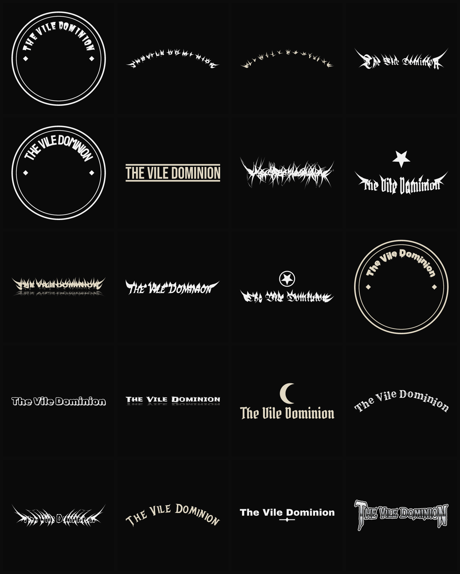 Twenty The Vile Dominion band logo ideas — different faces, treatments and spike settings