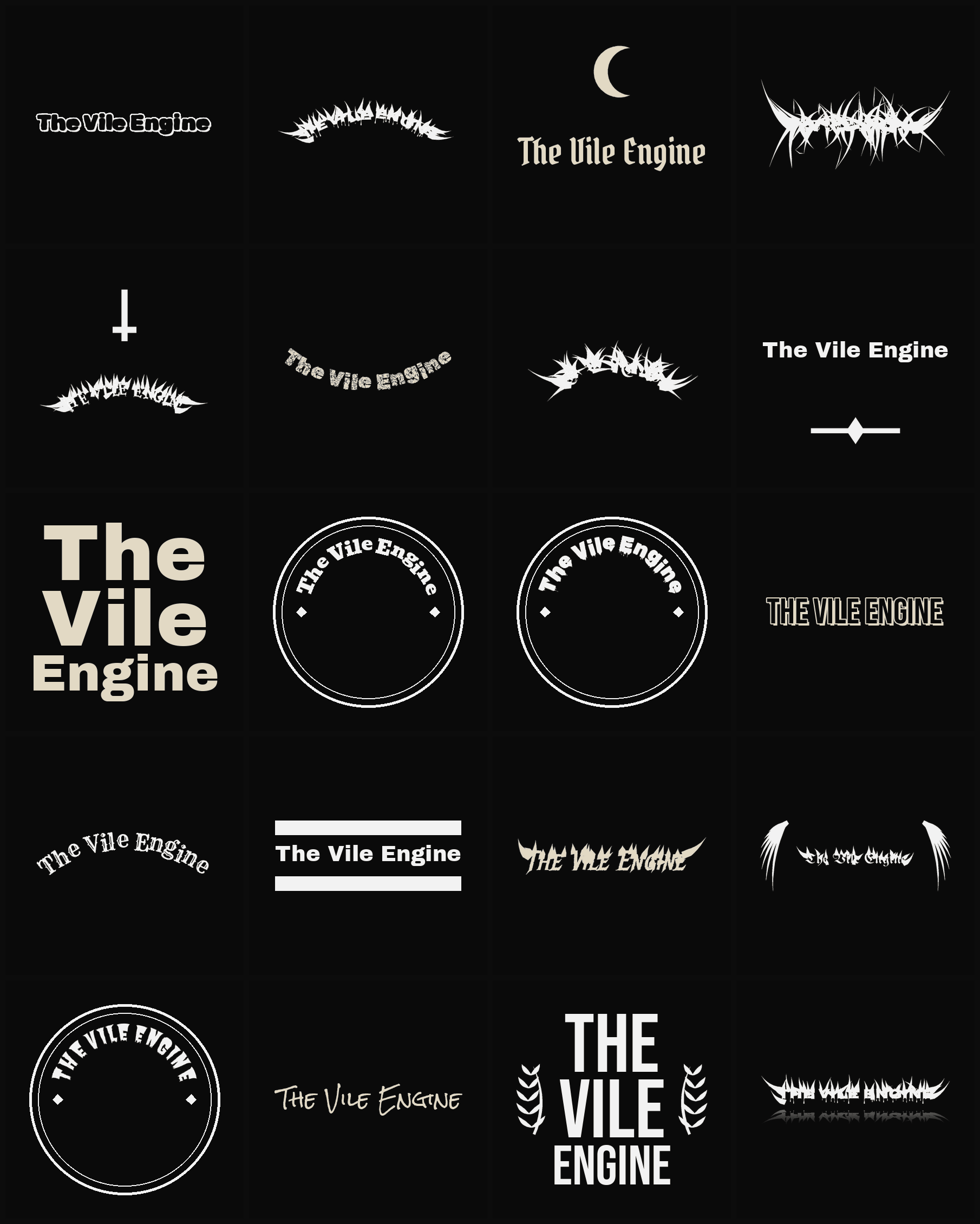 Twenty The Vile Engine band logo ideas — different faces, treatments and spike settings