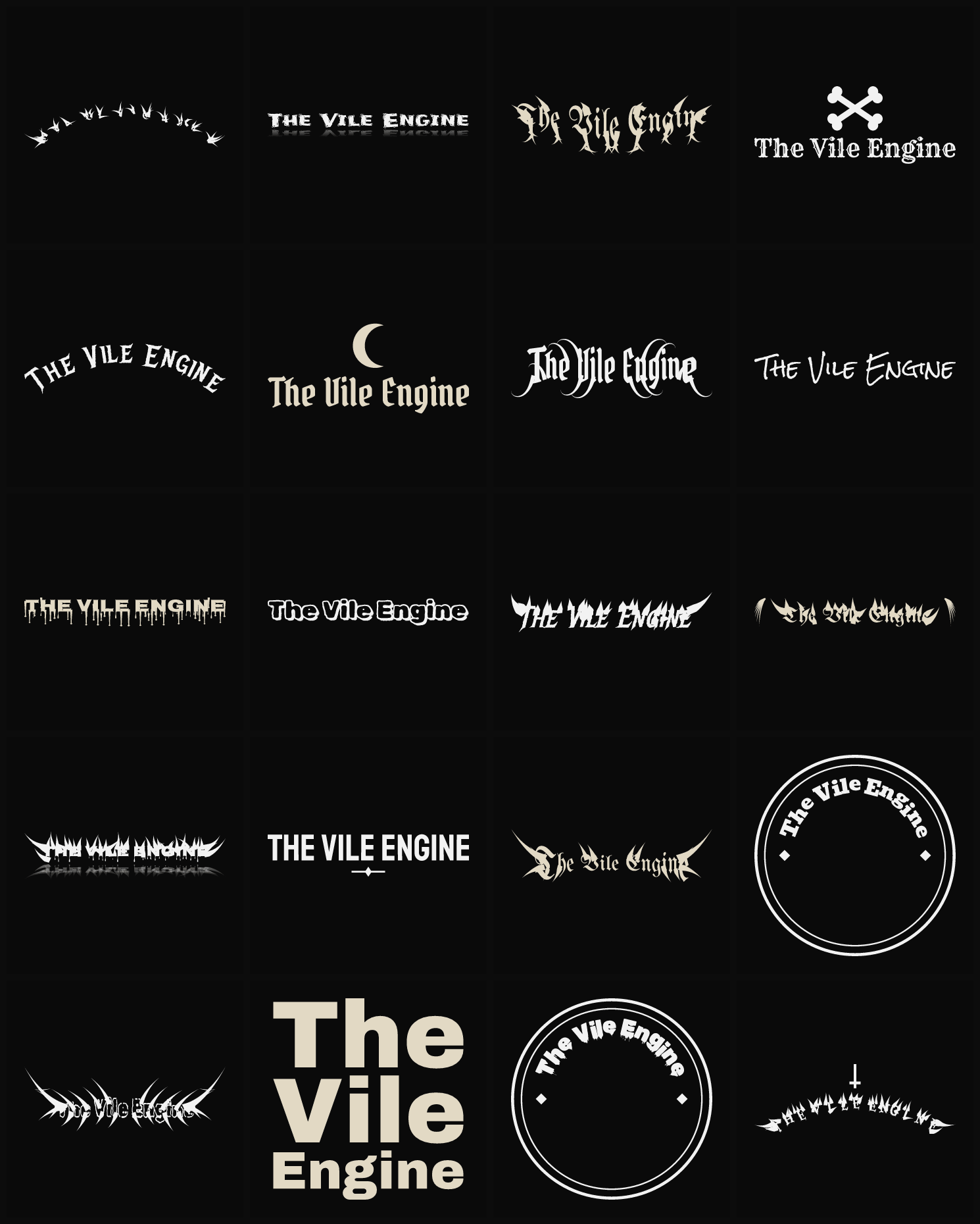 Twenty The Vile Engine band logo ideas — different faces, treatments and spike settings
