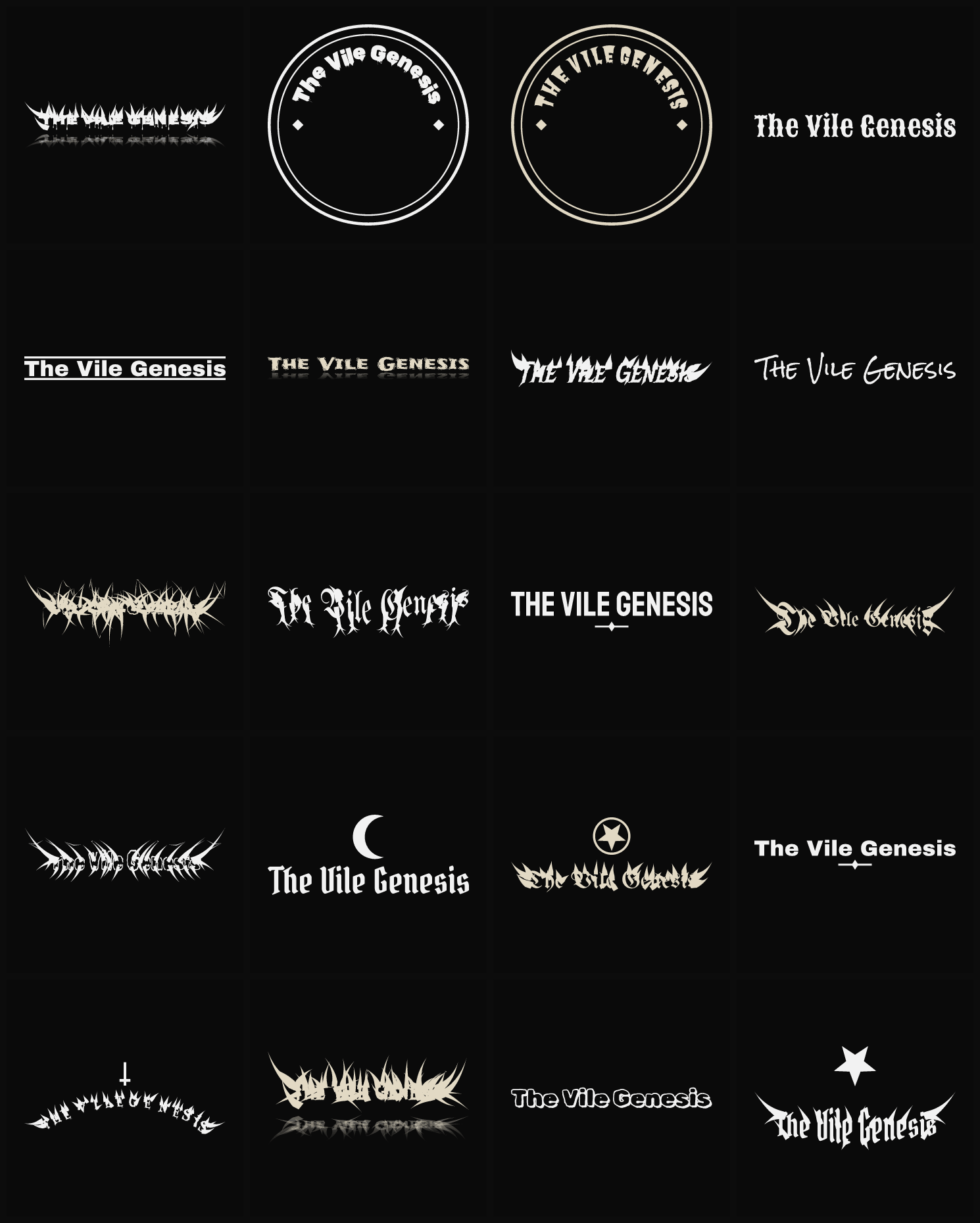 Twenty The Vile Genesis band logo ideas — different faces, treatments and spike settings
