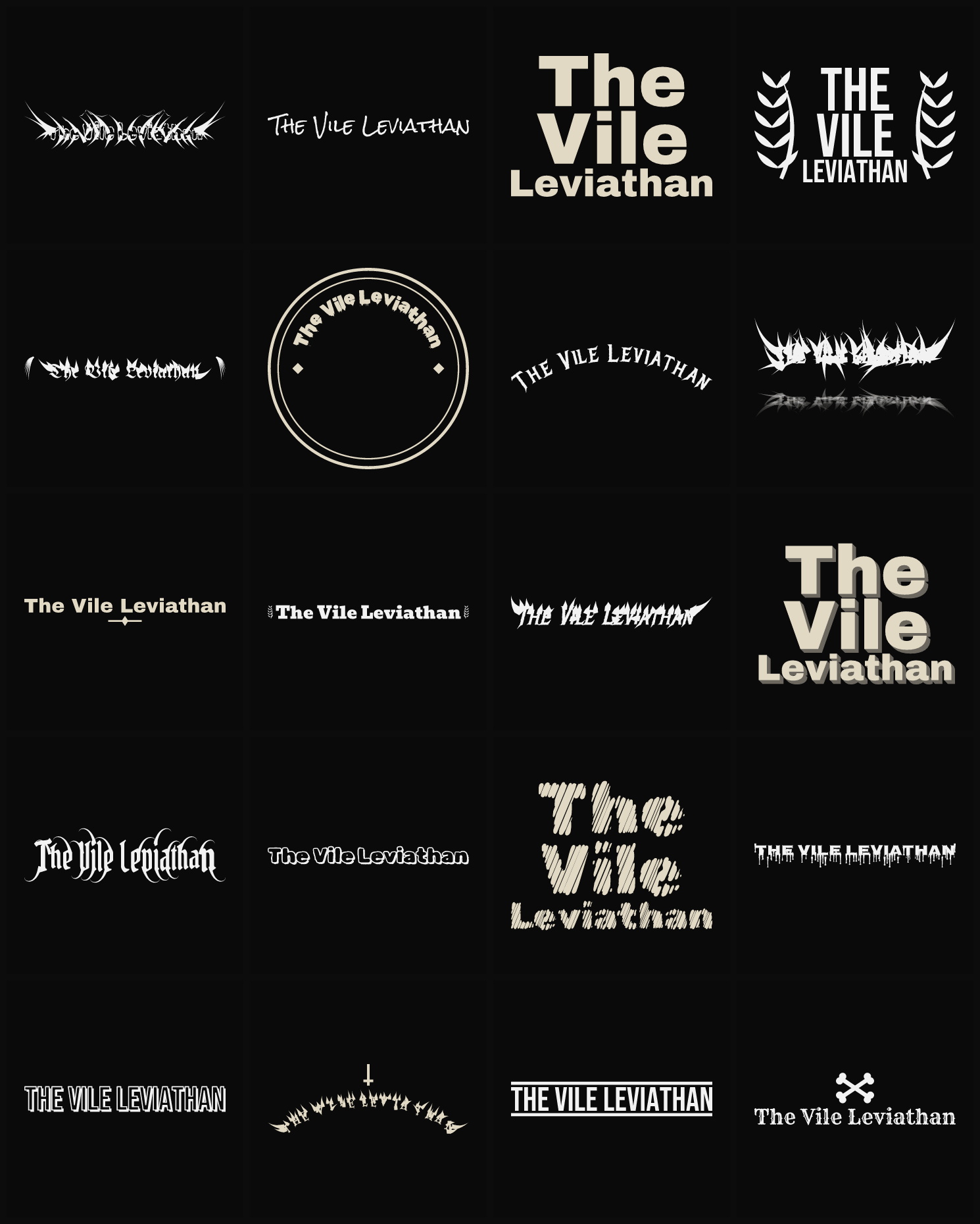 Twenty The Vile Leviathan band logo ideas — different faces, treatments and spike settings