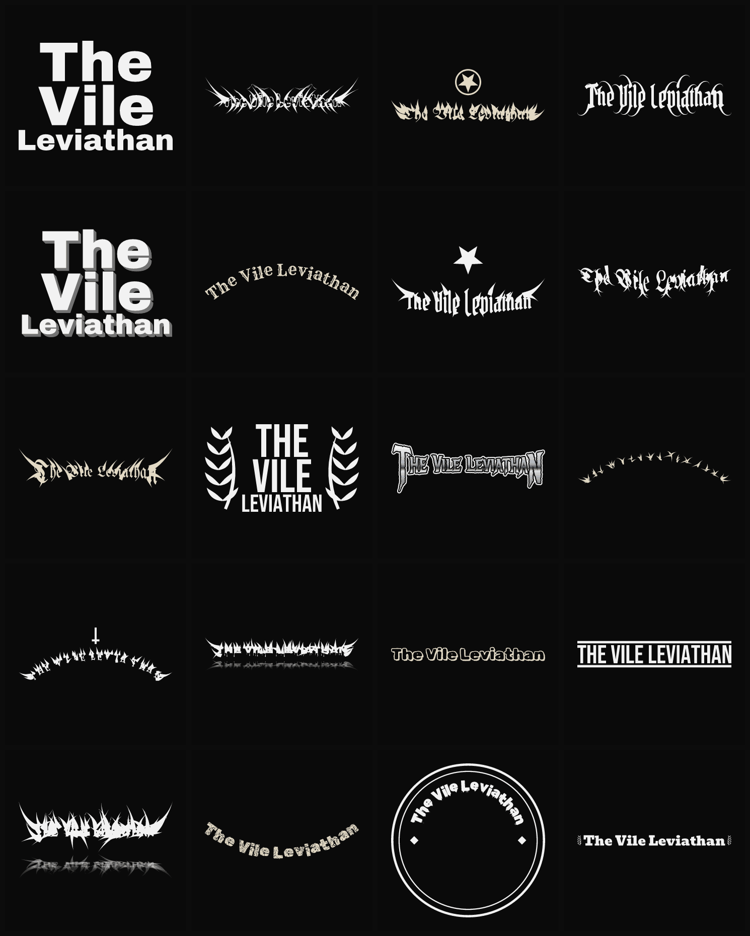 Twenty The Vile Leviathan band logo ideas — different faces, treatments and spike settings