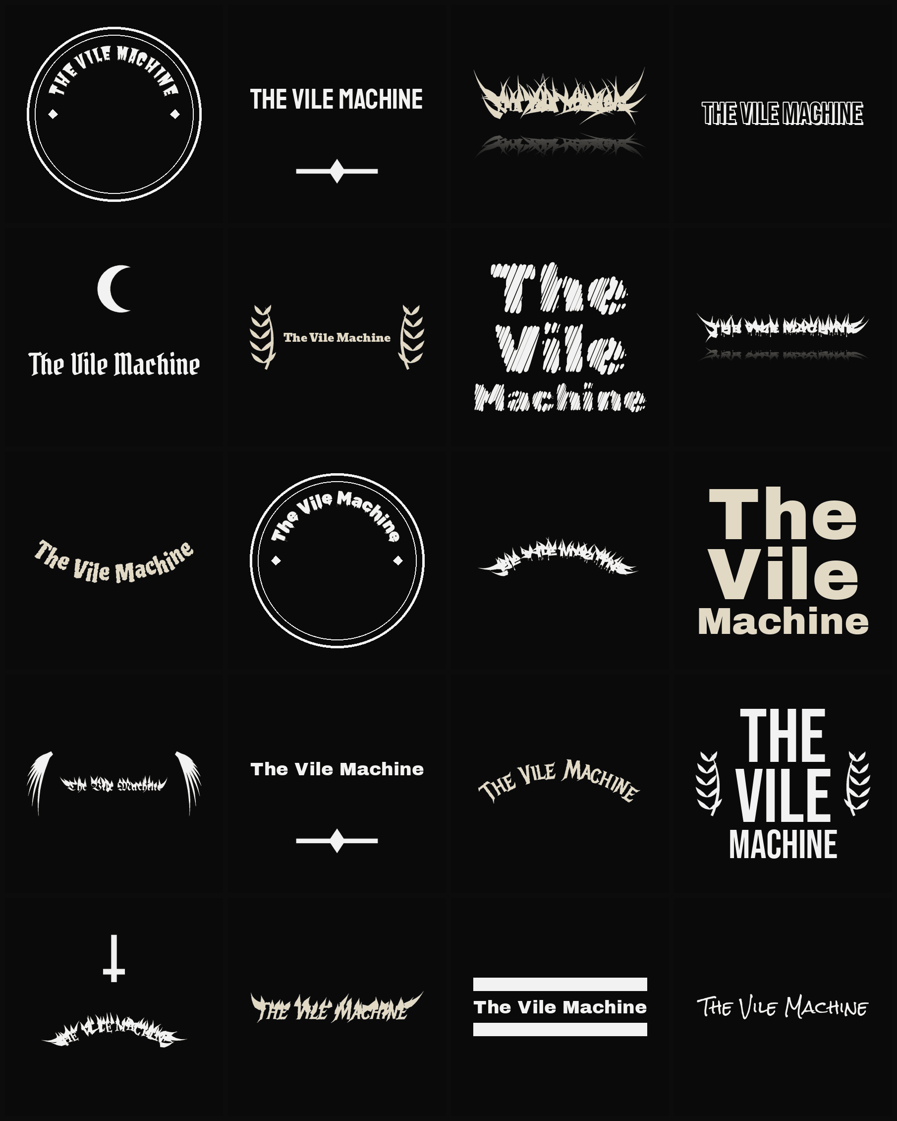 Twenty The Vile Machine band logo ideas — different faces, treatments and spike settings