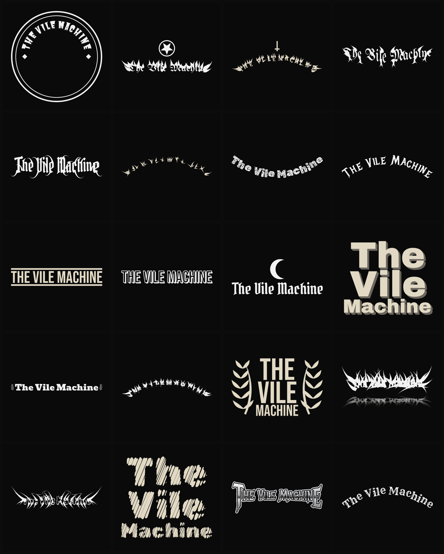 Twenty The Vile Machine band logo ideas — different faces, treatments and spike settings