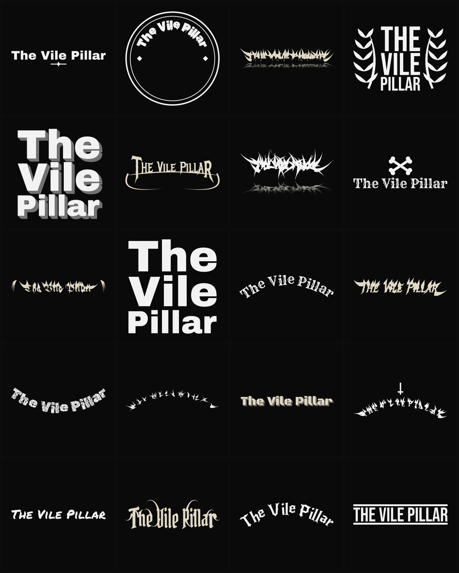 Twenty The Vile Pillar band logo ideas — different faces, treatments and spike settings