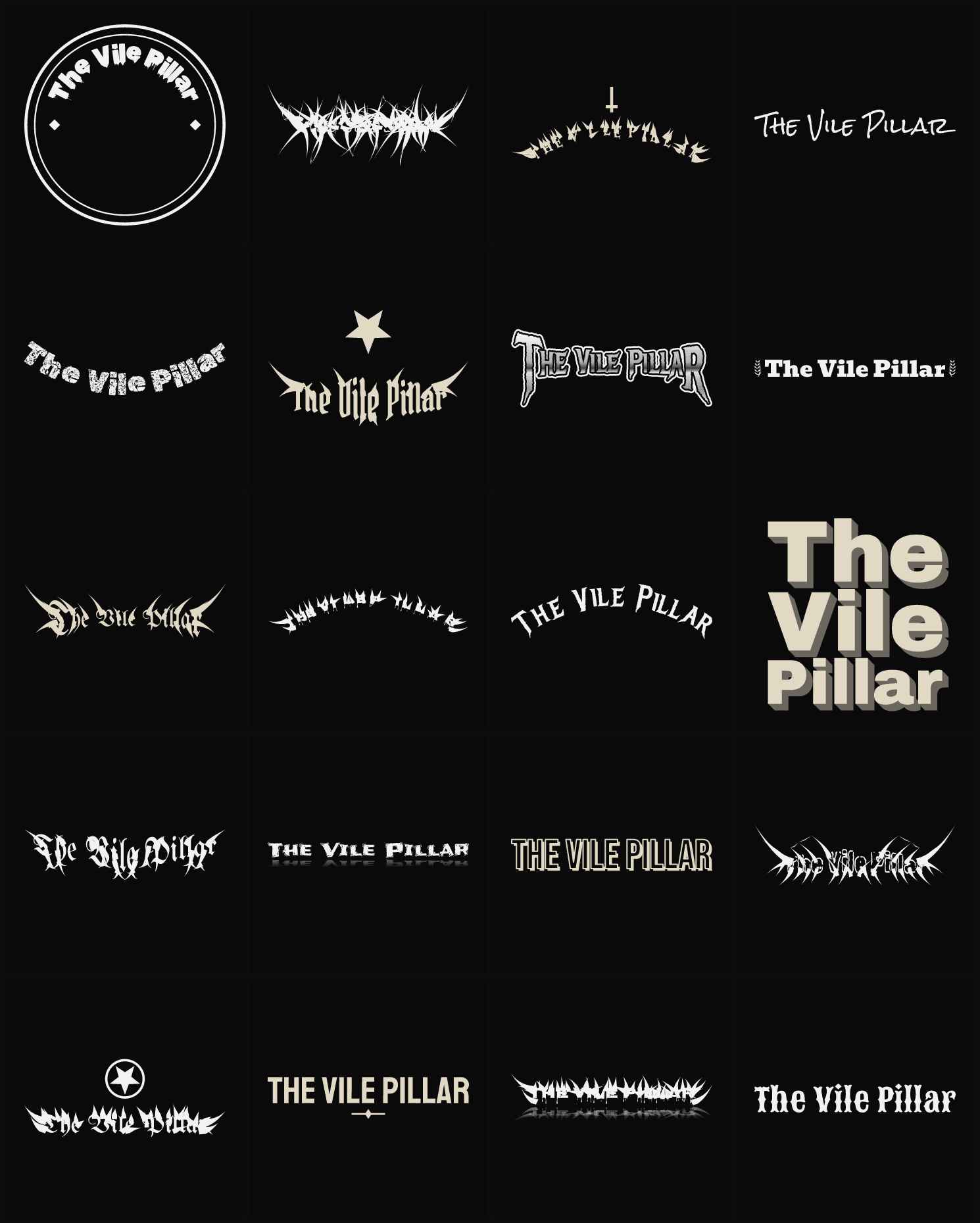 Twenty The Vile Pillar band logo ideas — different faces, treatments and spike settings