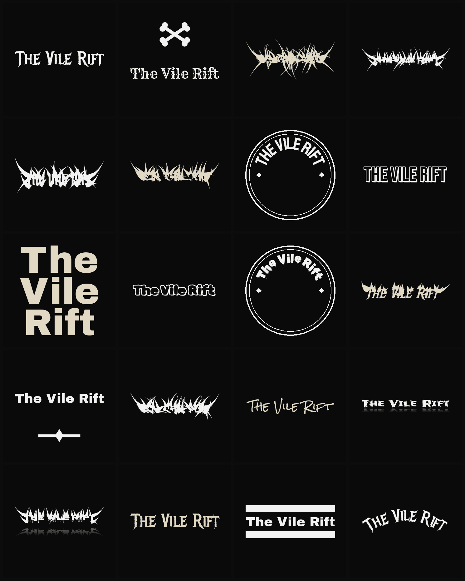 Twenty The Vile Rift band logo ideas — different faces, treatments and spike settings