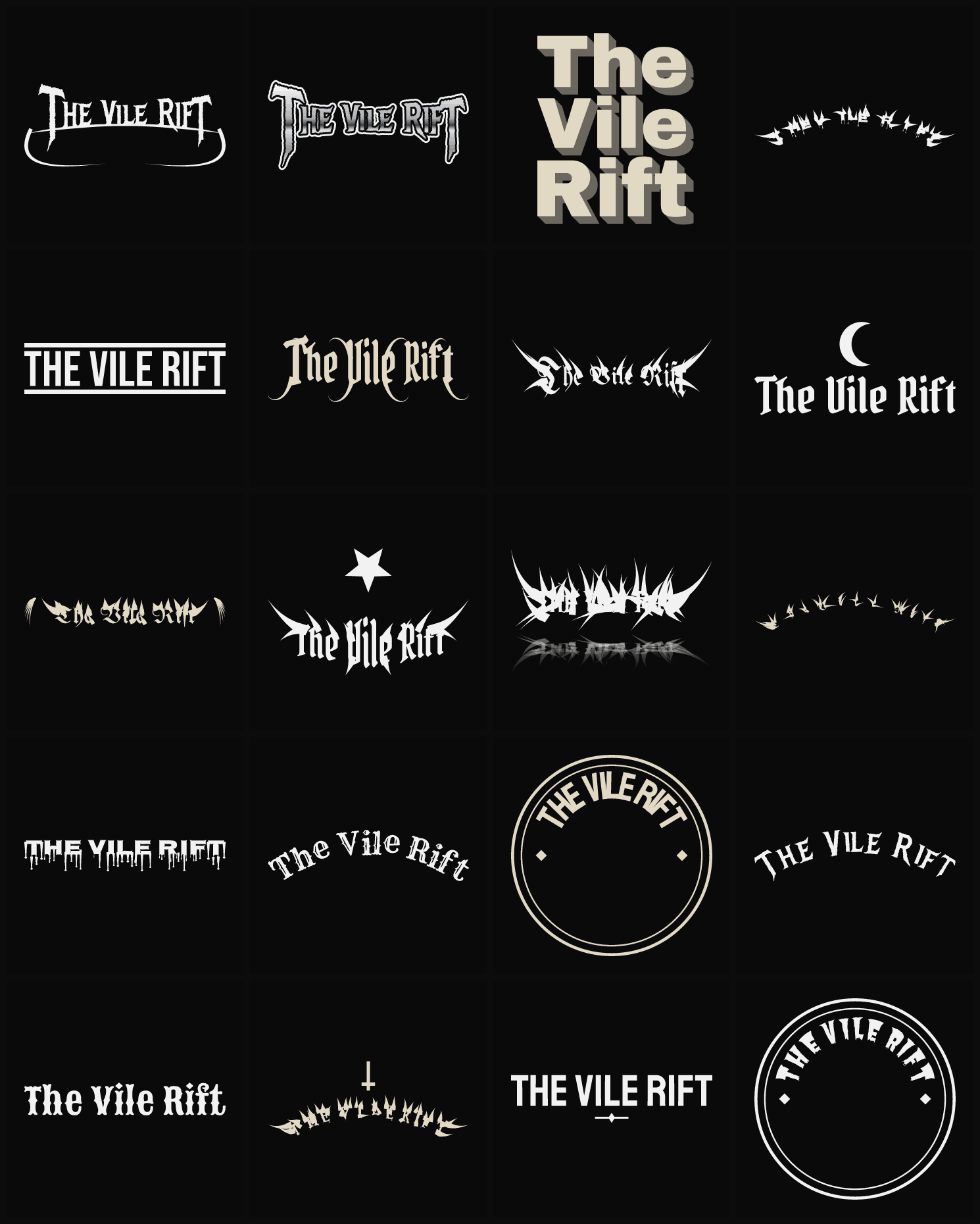 Twenty The Vile Rift band logo ideas — different faces, treatments and spike settings