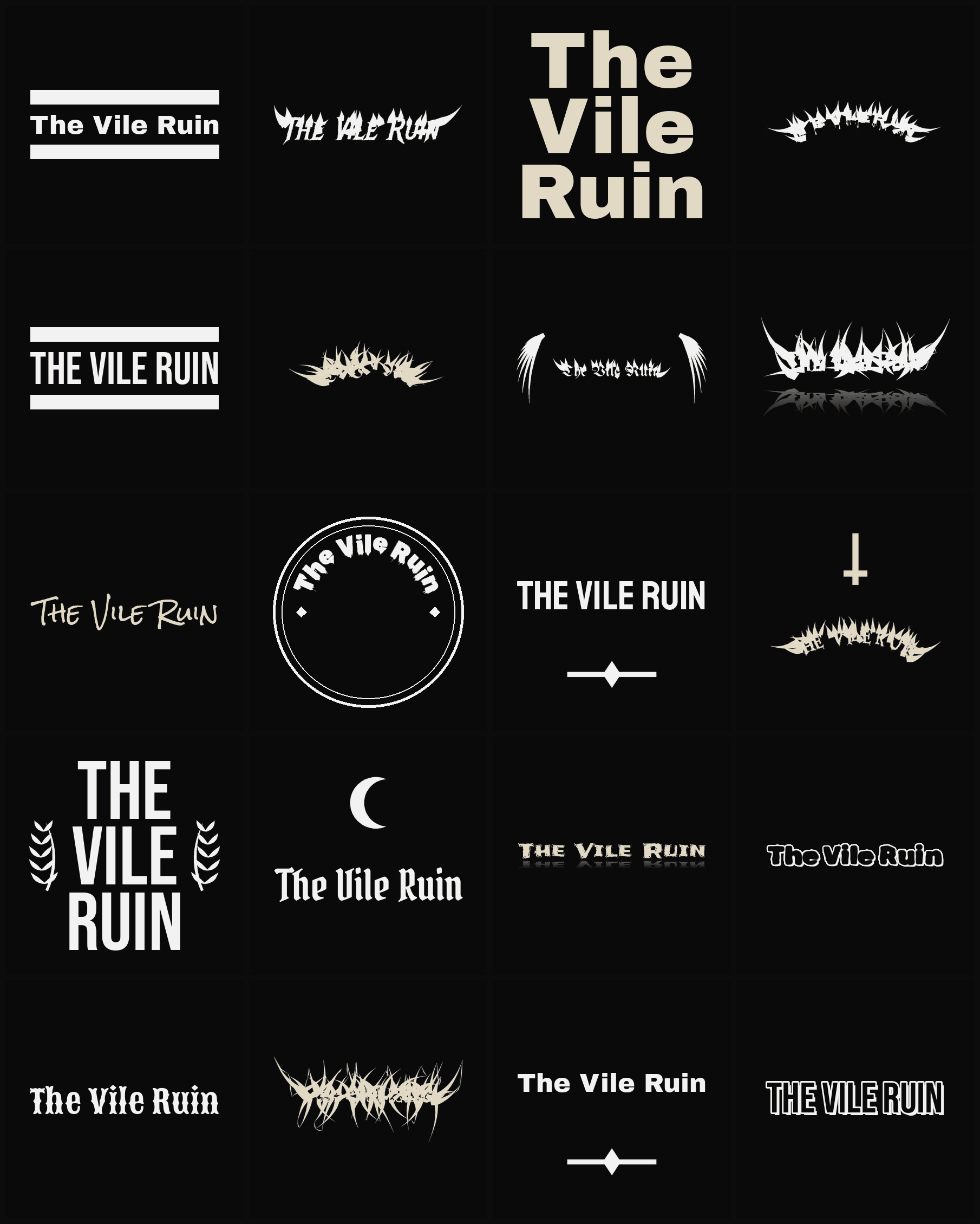 Twenty The Vile Ruin band logo ideas — different faces, treatments and spike settings