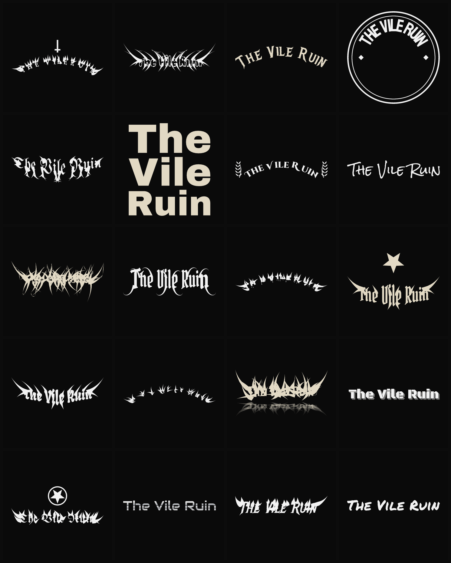 Twenty The Vile Ruin band logo ideas — different faces, treatments and spike settings