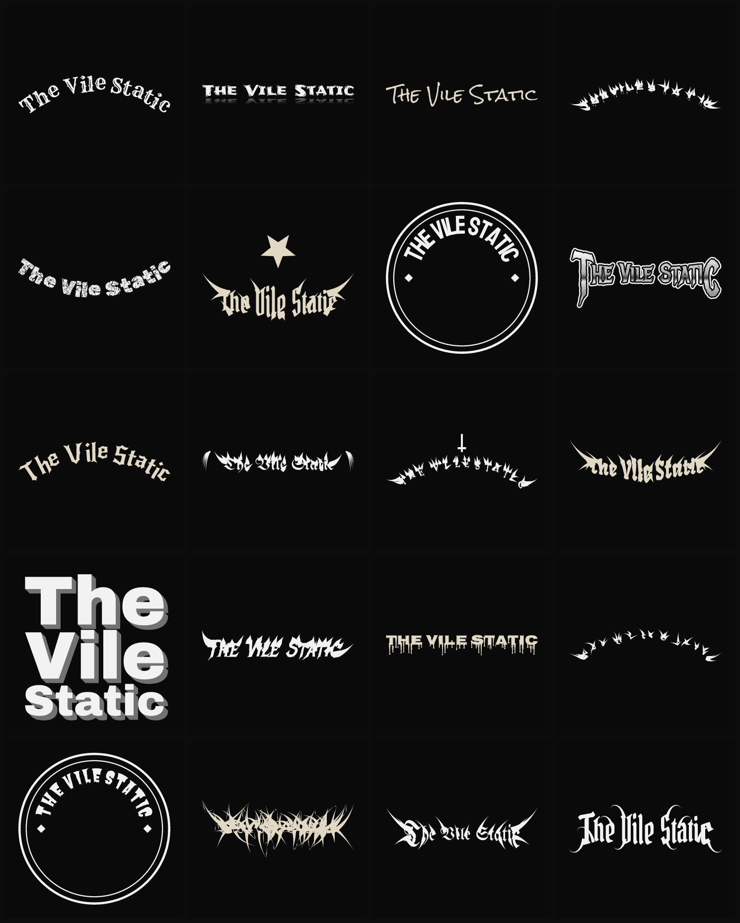 Twenty The Vile Static band logo ideas — different faces, treatments and spike settings