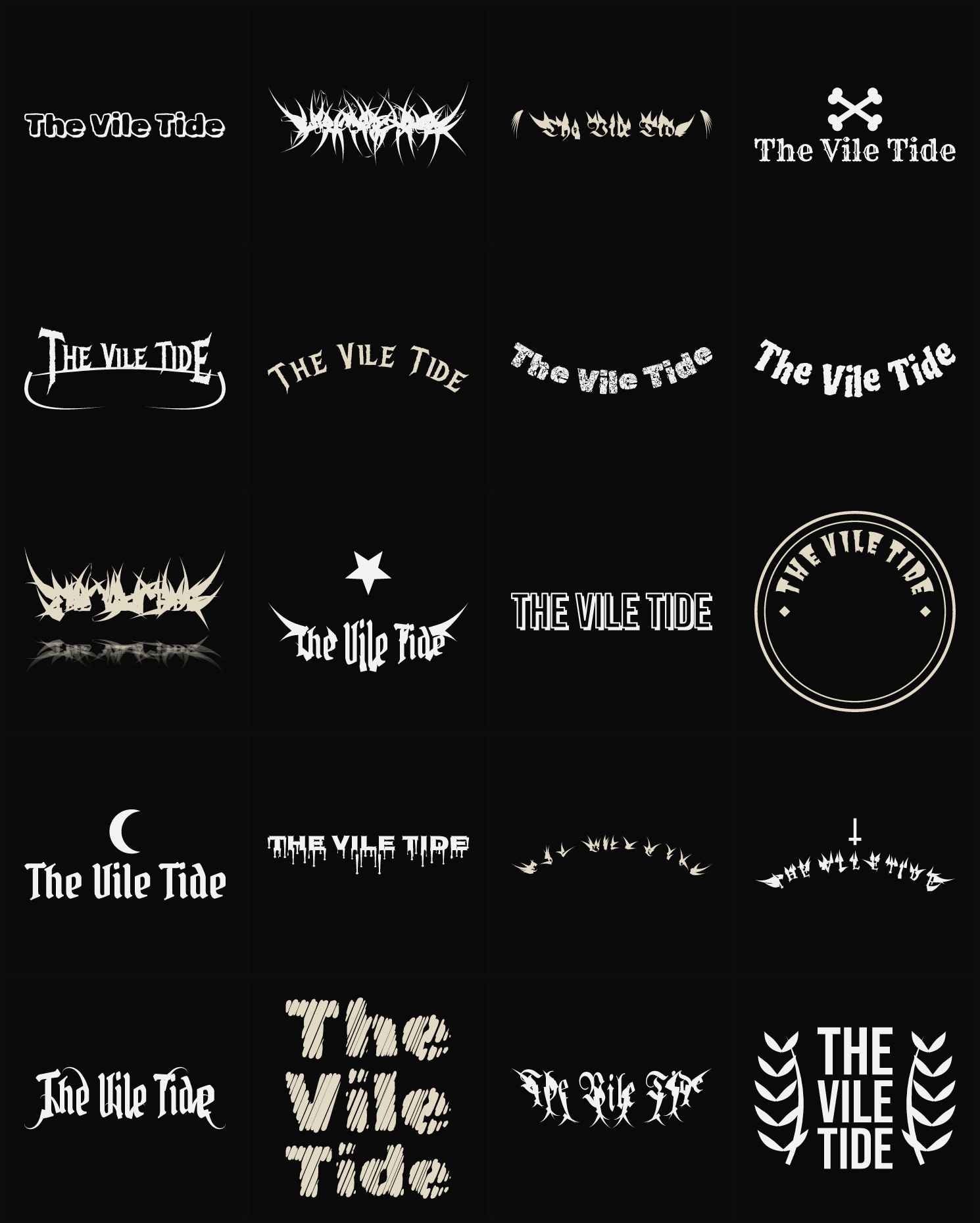 Twenty The Vile Tide band logo ideas — different faces, treatments and spike settings