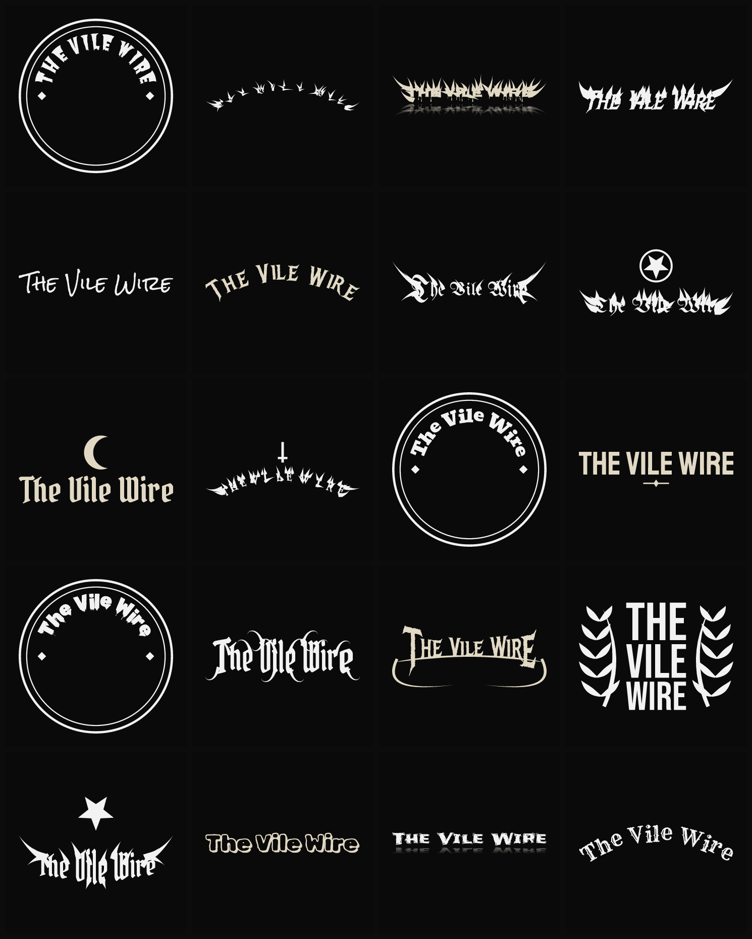 Twenty The Vile Wire band logo ideas — different faces, treatments and spike settings